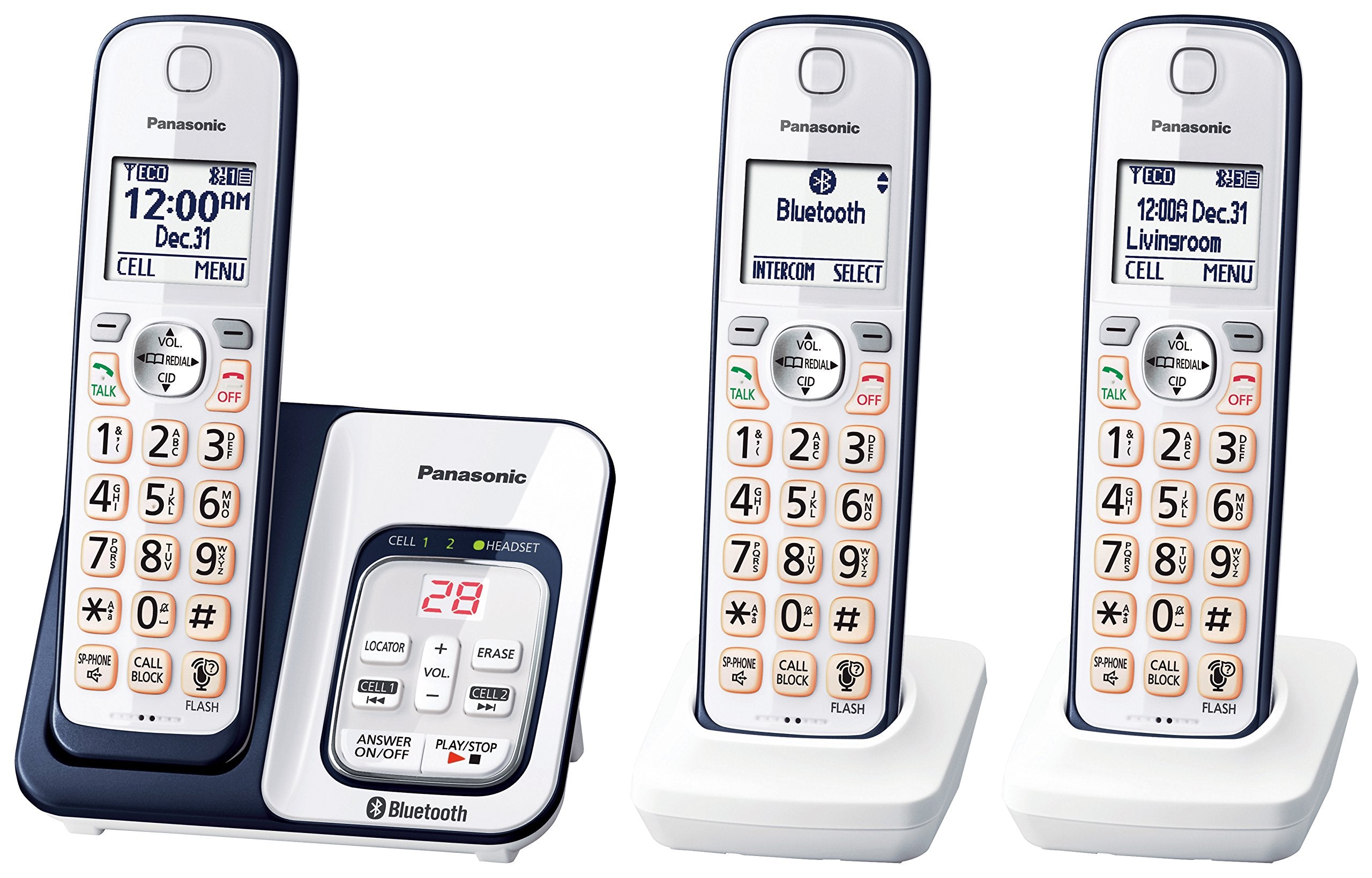 Panasonic 3 Handset Expandable Cordless Phone System with Link2Cell Bluetooth, Voice Assistant, Answering Machine and Call Block