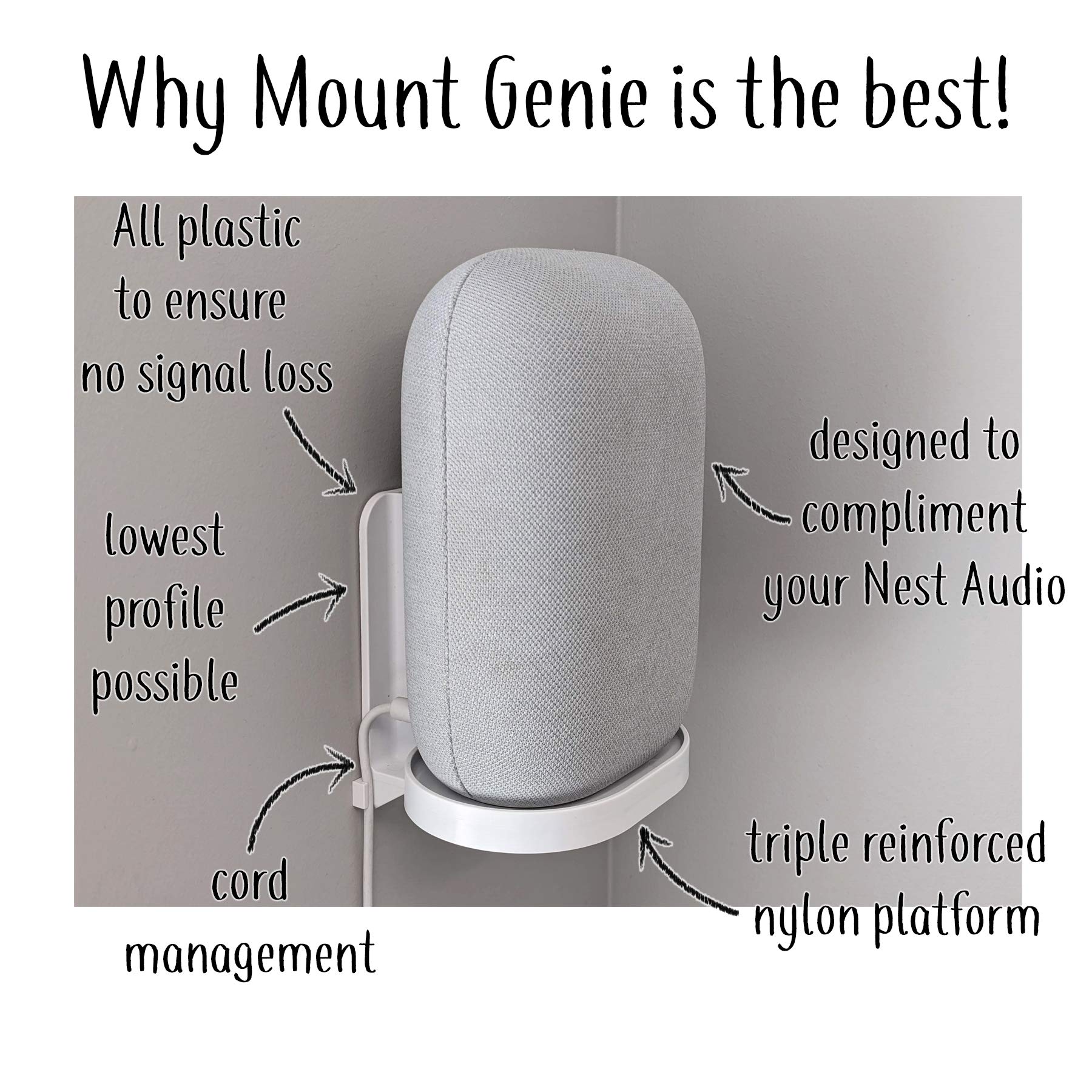 Mount Genie Affordable Essentials Wall Mount Hanger Stand For Nest Audio (White, 1-Pack): Screw And Screwless Install Options, T