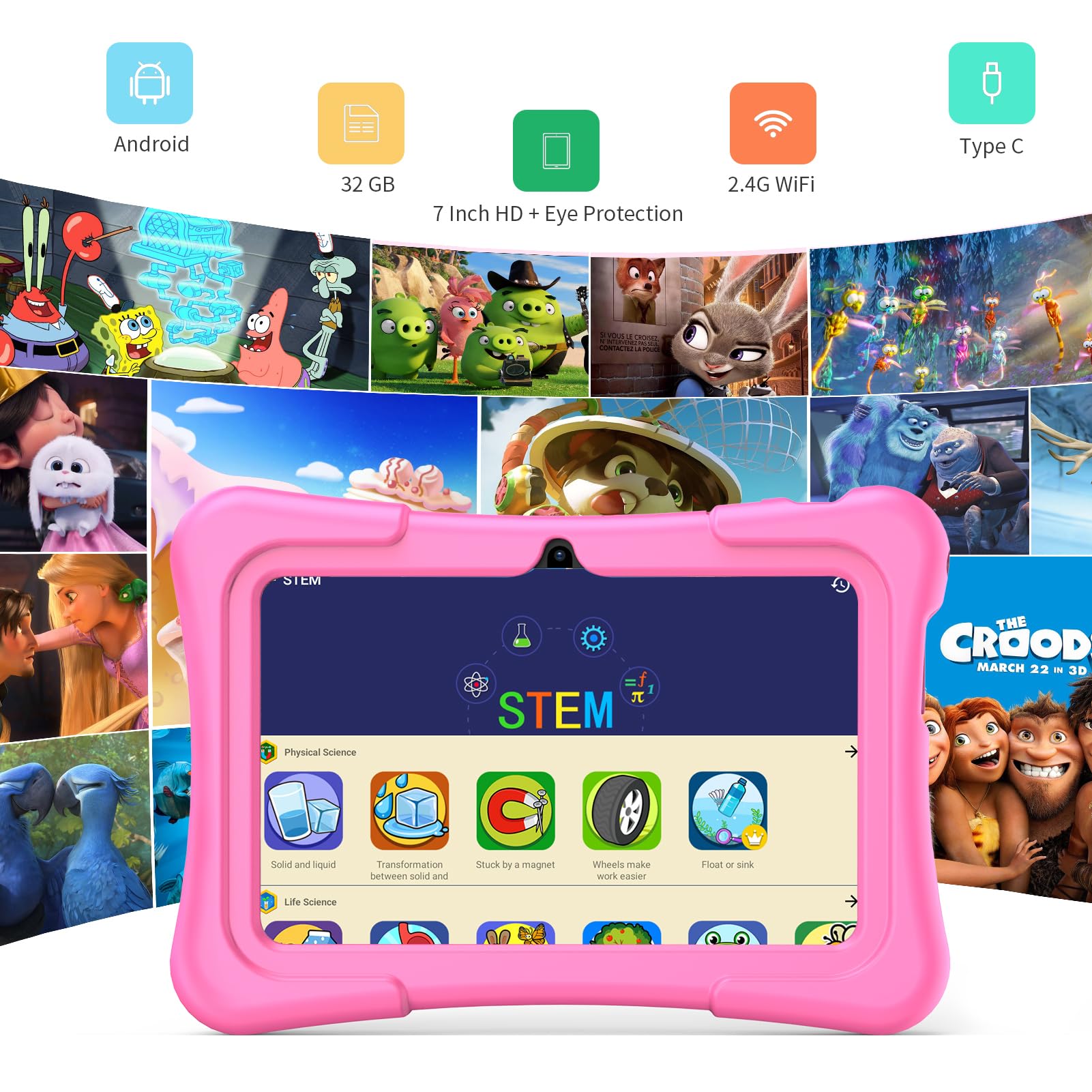 Pritom 7 Inch Tablet For Kids With Solid Case, Kids Tablets 32Gb With Parental Control, Pre-Installed Free Apps Games, Learning