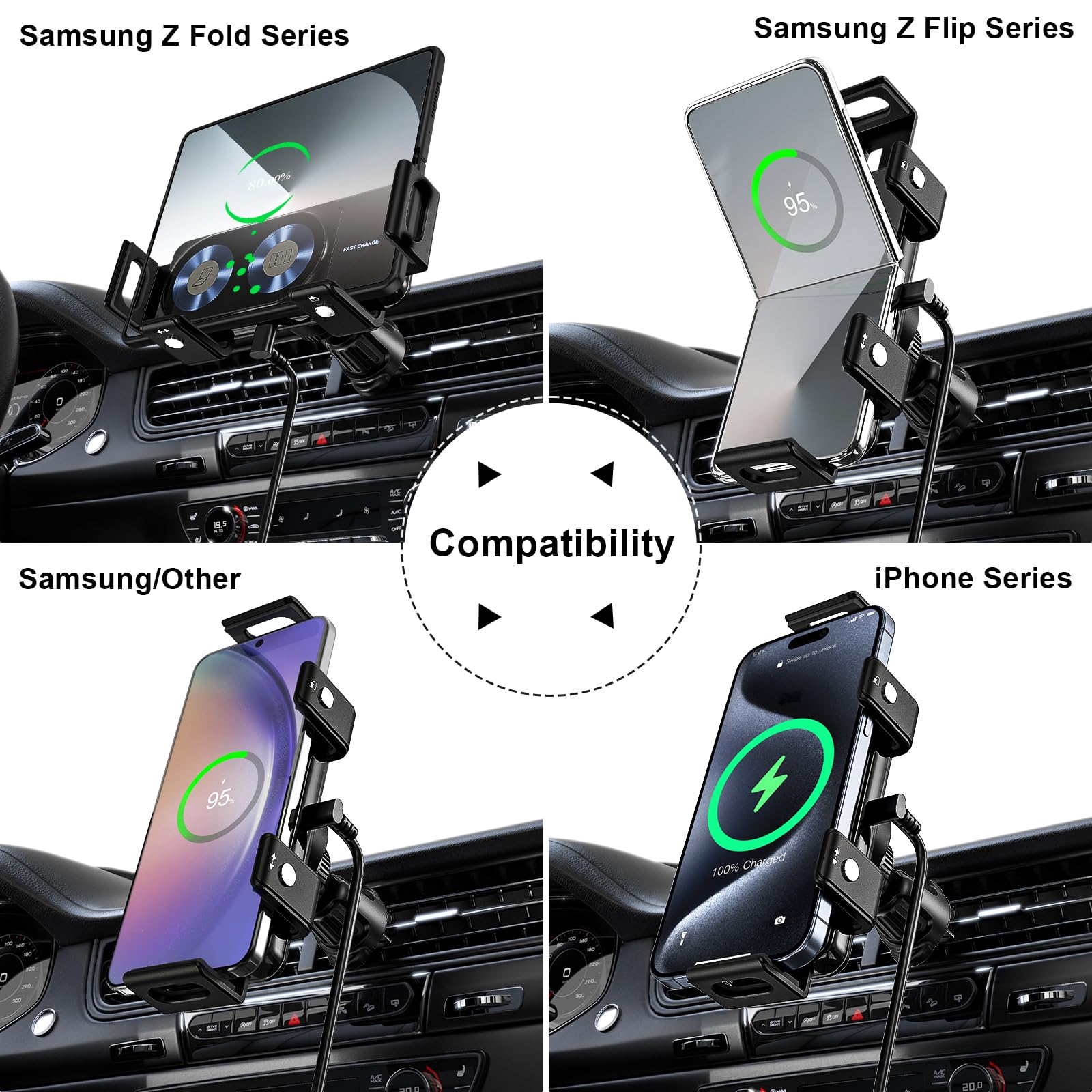 Jdhdl Wireless Car Charger Mount, 15W Dual Coil One-Touch Rotatable Car Phone Holder Wireless Charger For Samsung Galaxy Z Fold