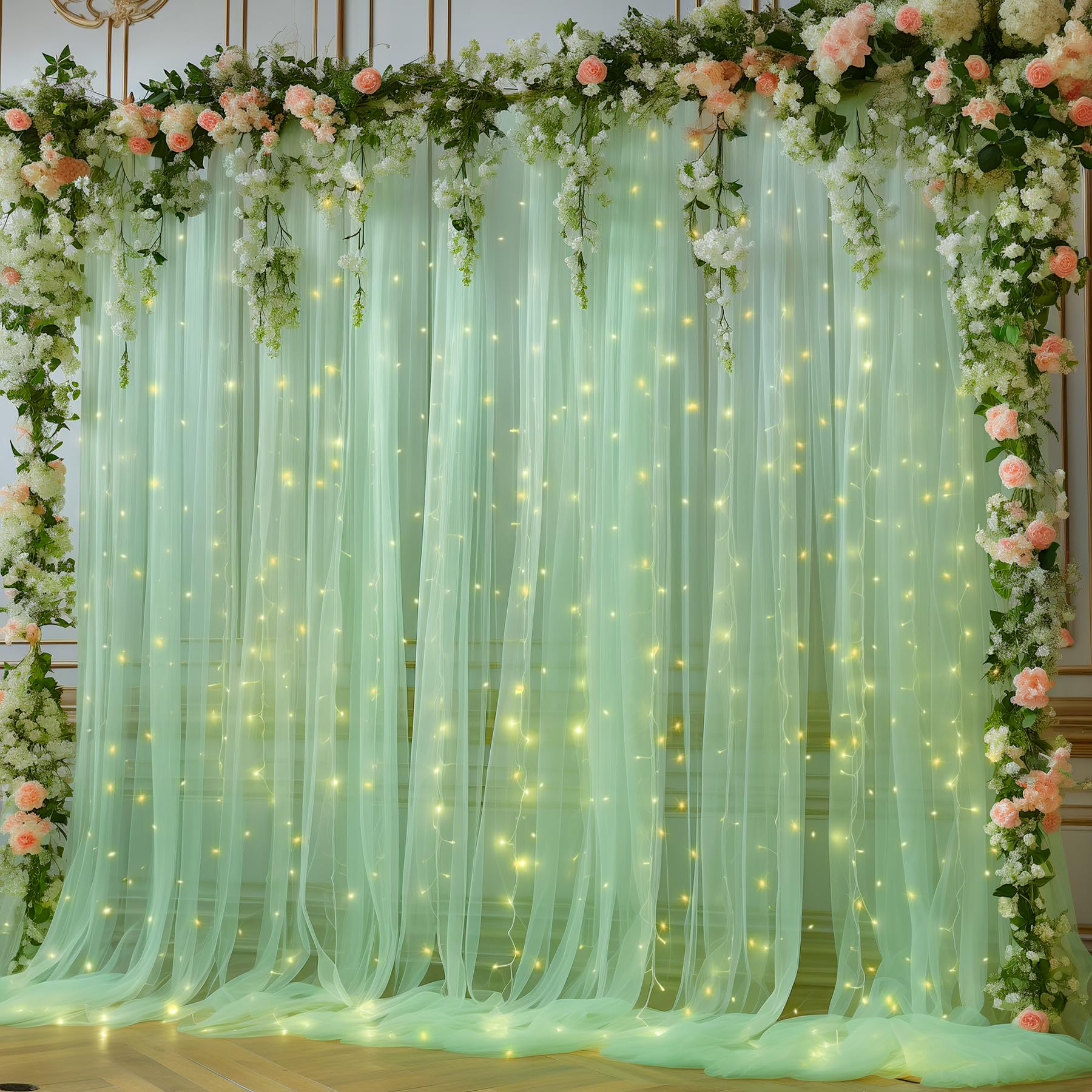 10X10Ft Olive Green Tulle Backdrop Curtain With Lights String For Parites, Sheer Backdrop Curtains For Wedding Baby Shower Birth