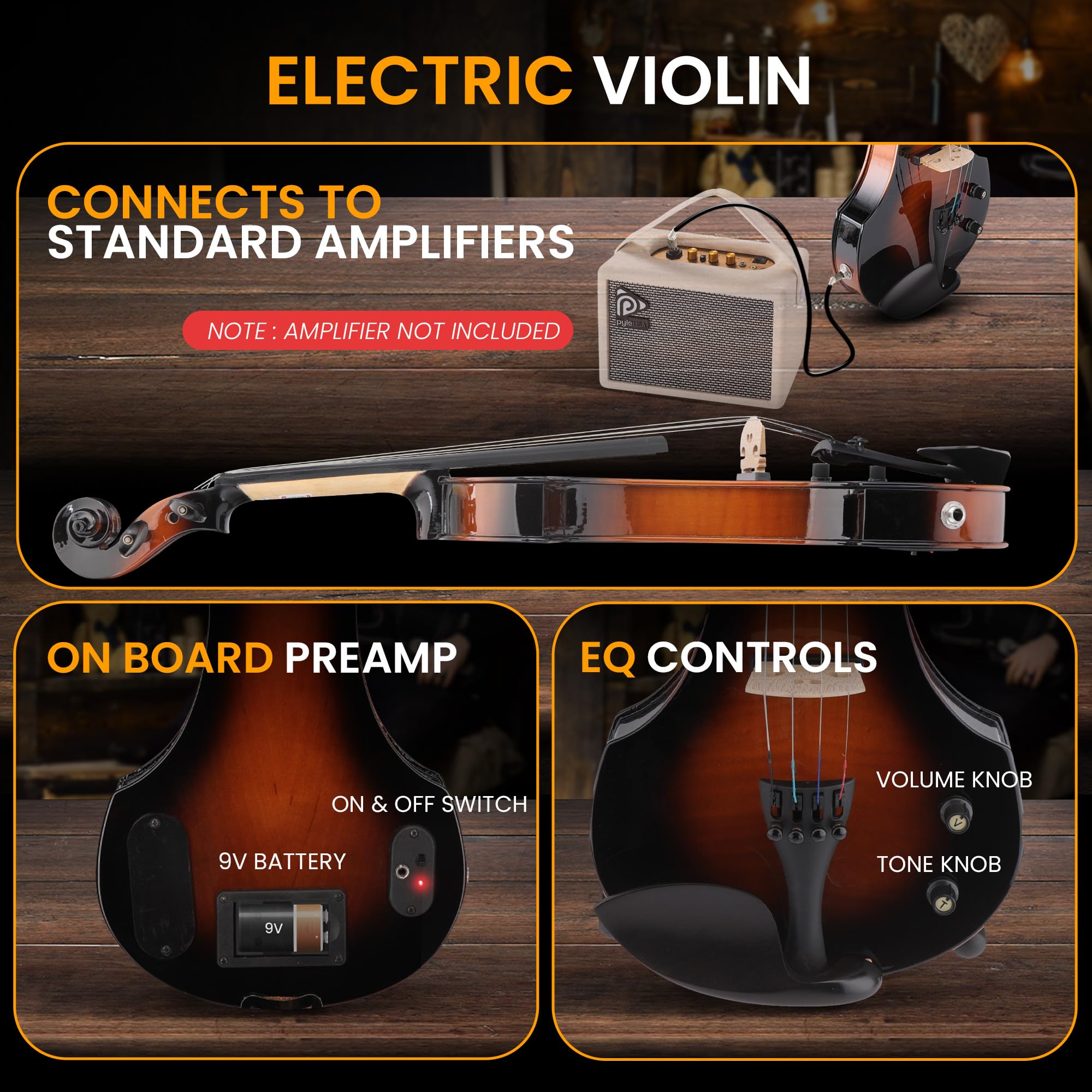 Pyle Full Size Electric Violin Kit   4/4 Solid Wood Silent Fiddle With Hard Case, Bow, Ebony Fittings, And Digital Tuner