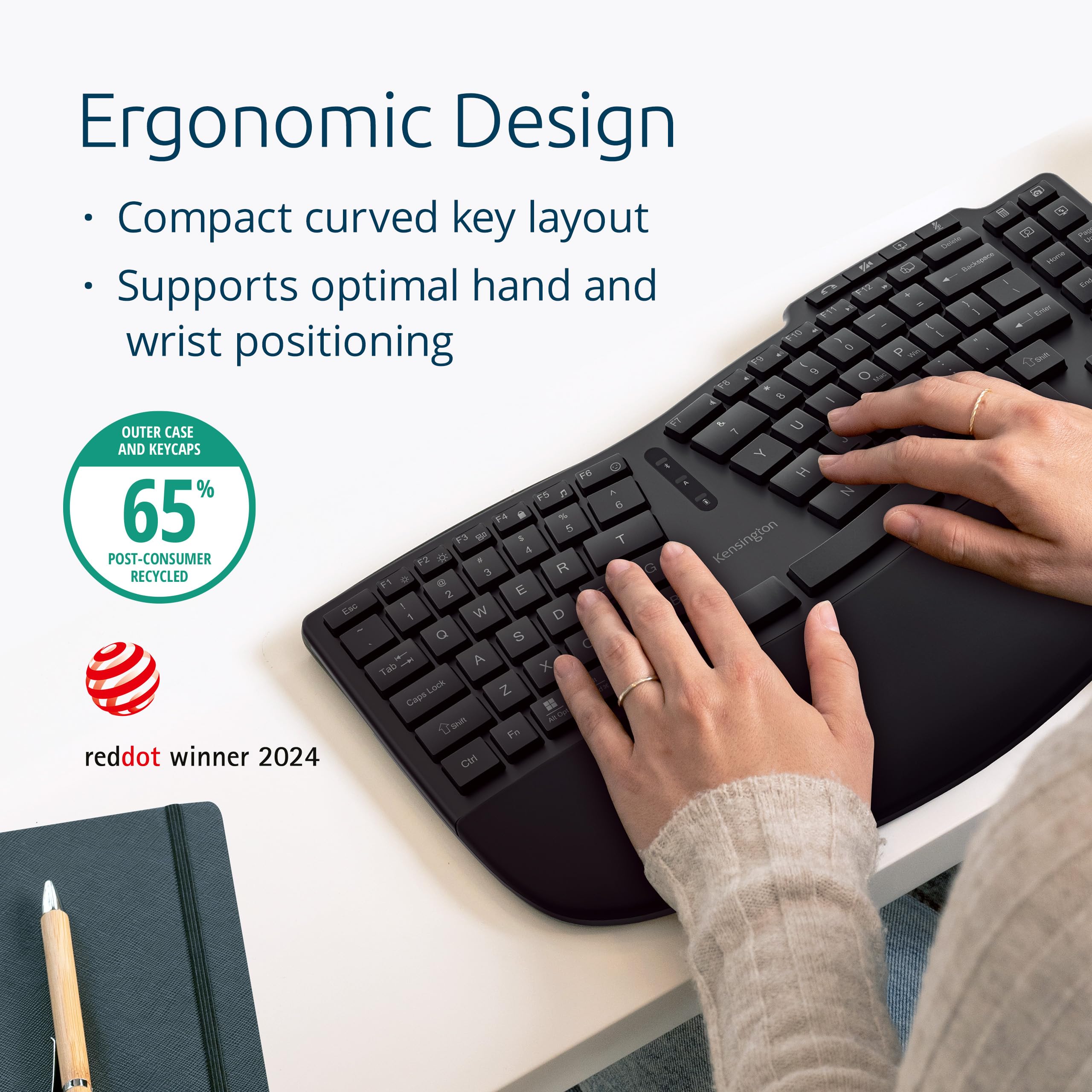 Kensington Pro Fit Ergo Wireless Keyboard Kb675, Ergonomic, Rechargeable, Bluetooth & 2.4Ghz Connection, Programmable Keys, Blac