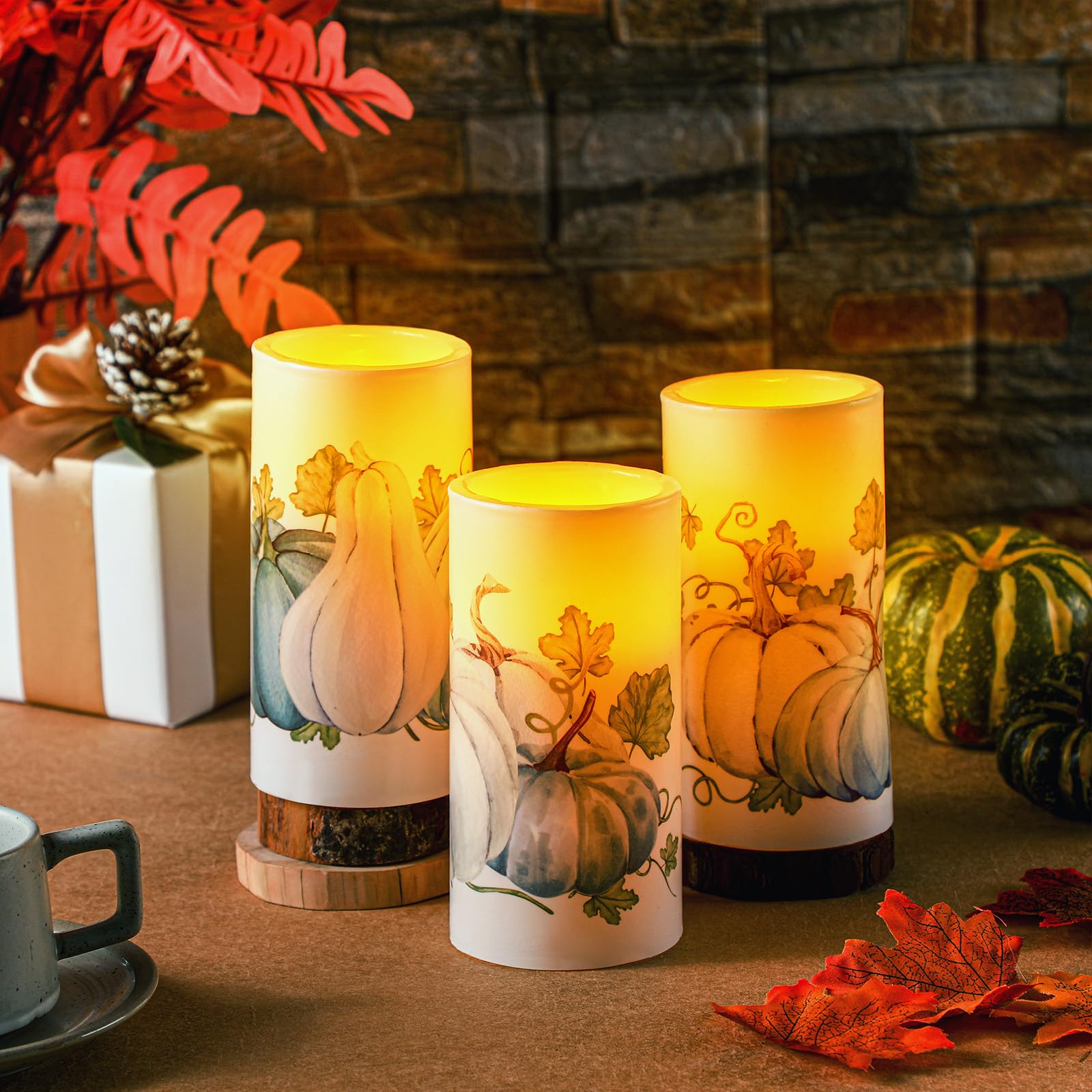 Roceei 3 Pack Fall Led Candles With Remote Fall Flameless Candles Blue Pumpkin Led Real Wax Candles Black And White Autumn Batte