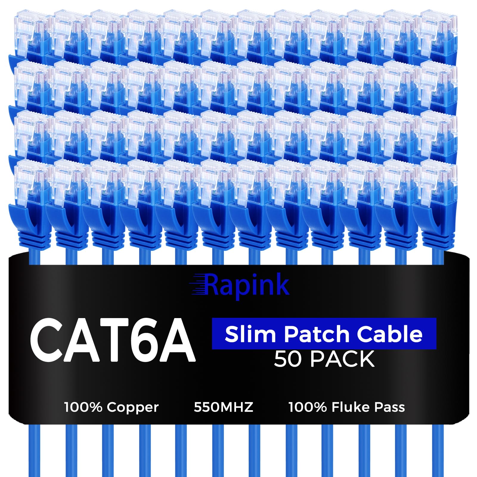 Rapink Patch Cables Cat6A 3Ft (50 Pack) Slim, Cat6A Ethernet Patch Cable 10G Support, Snagless Cat 6 Patch Cable For Patch Panel To Switch, Flexiable Cat 6A Ethernet Cable With Gold Plated