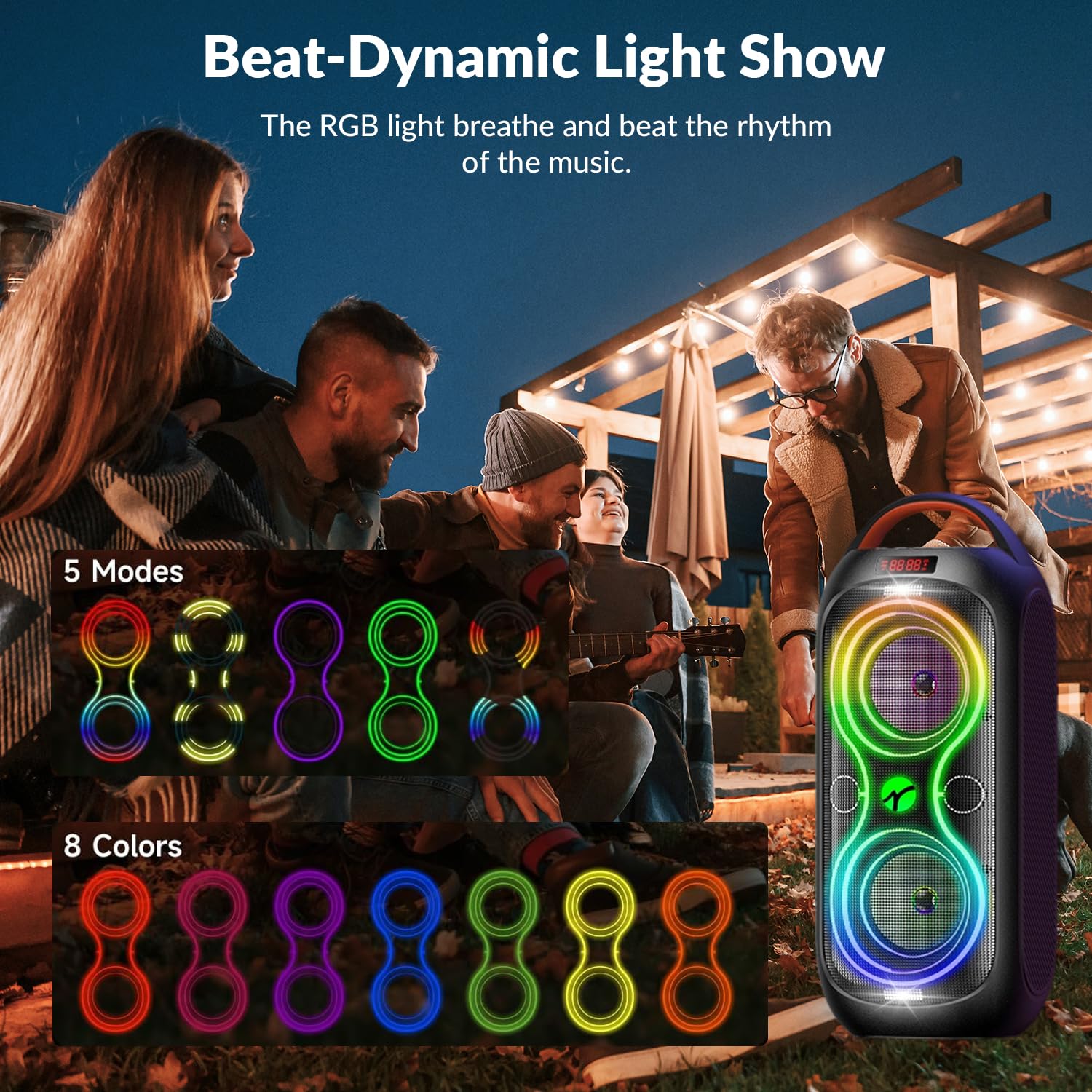 Speakers Bluetooth Wireless- 120Db Loud Sound, Dynamic 8 Led Lights, 5 Rgb Modes, Bluetooth 5.3, Tws/Usb/Tf/Aux/Fm/Mic Input, Bu