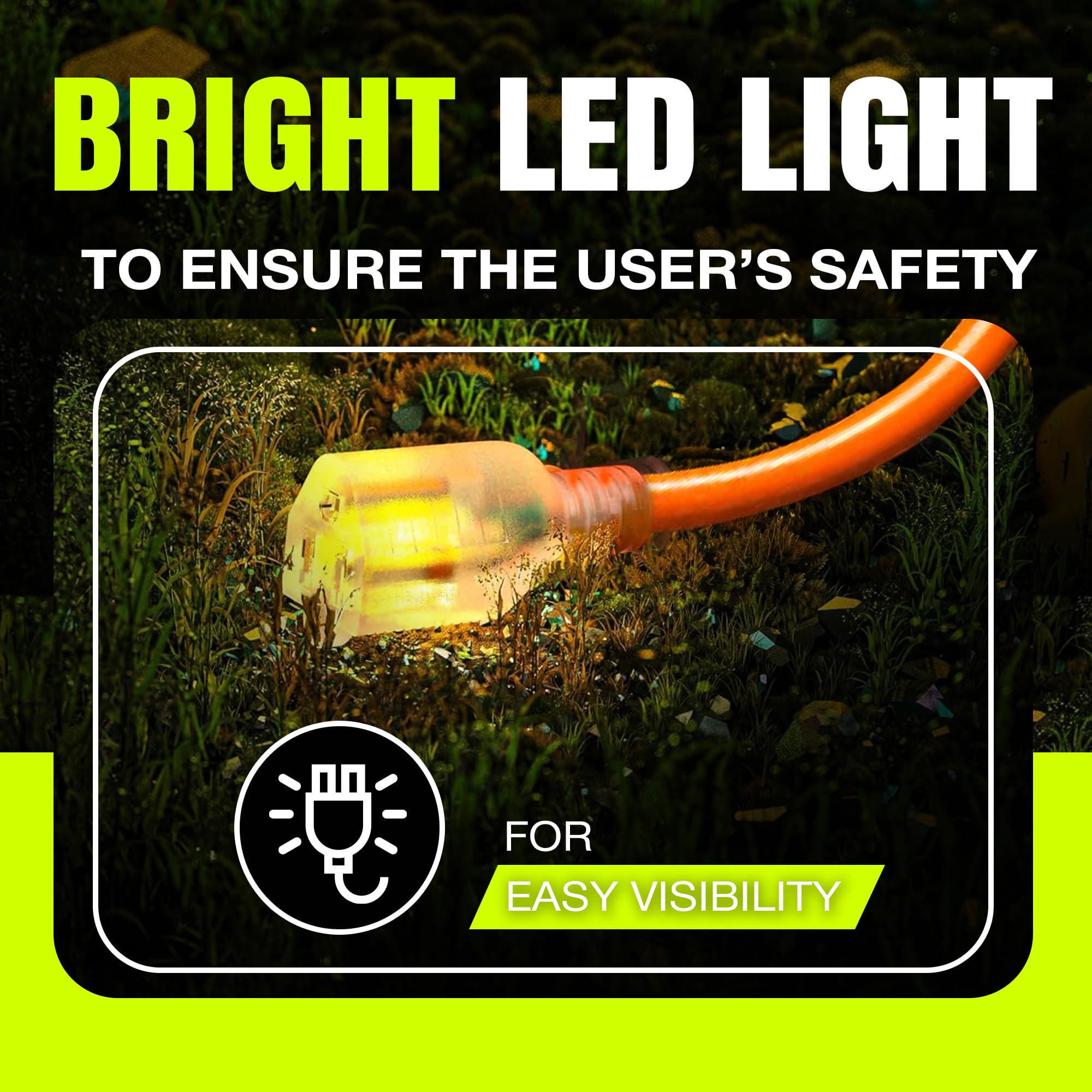 50Ft Power Outdoor Extension Cord & Indoor   Waterproof Electric Drop Cord Cable   3 Prong Sjtw, 10 Gauge, 15 Amp, 125 Volts, 18