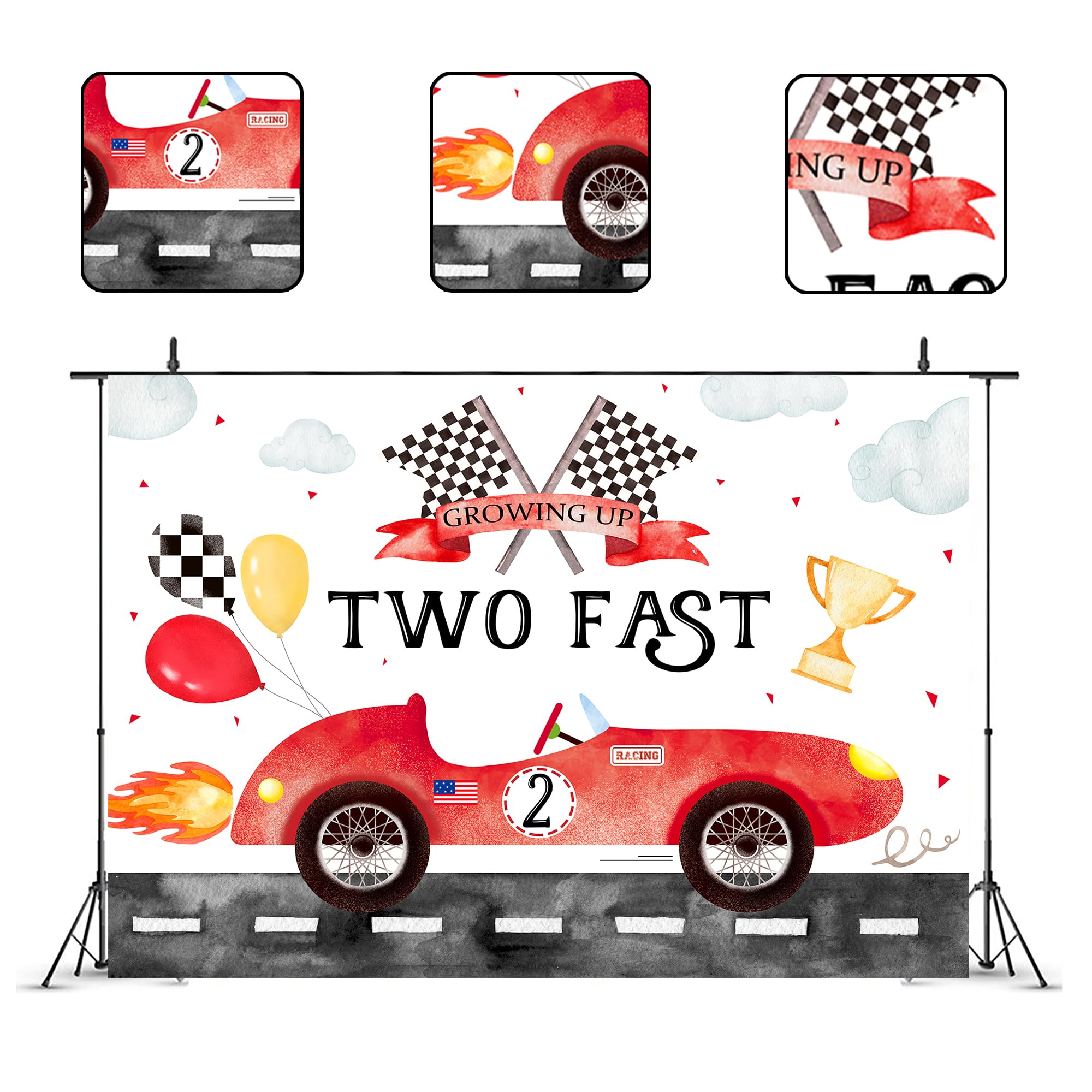 Glawry Two Fast 2Nd Birthday Backdrop For Photography 7Wx5H Feet Boho Watercolor Red Race Car Balloons Cup Cool Cartoon Clouds F