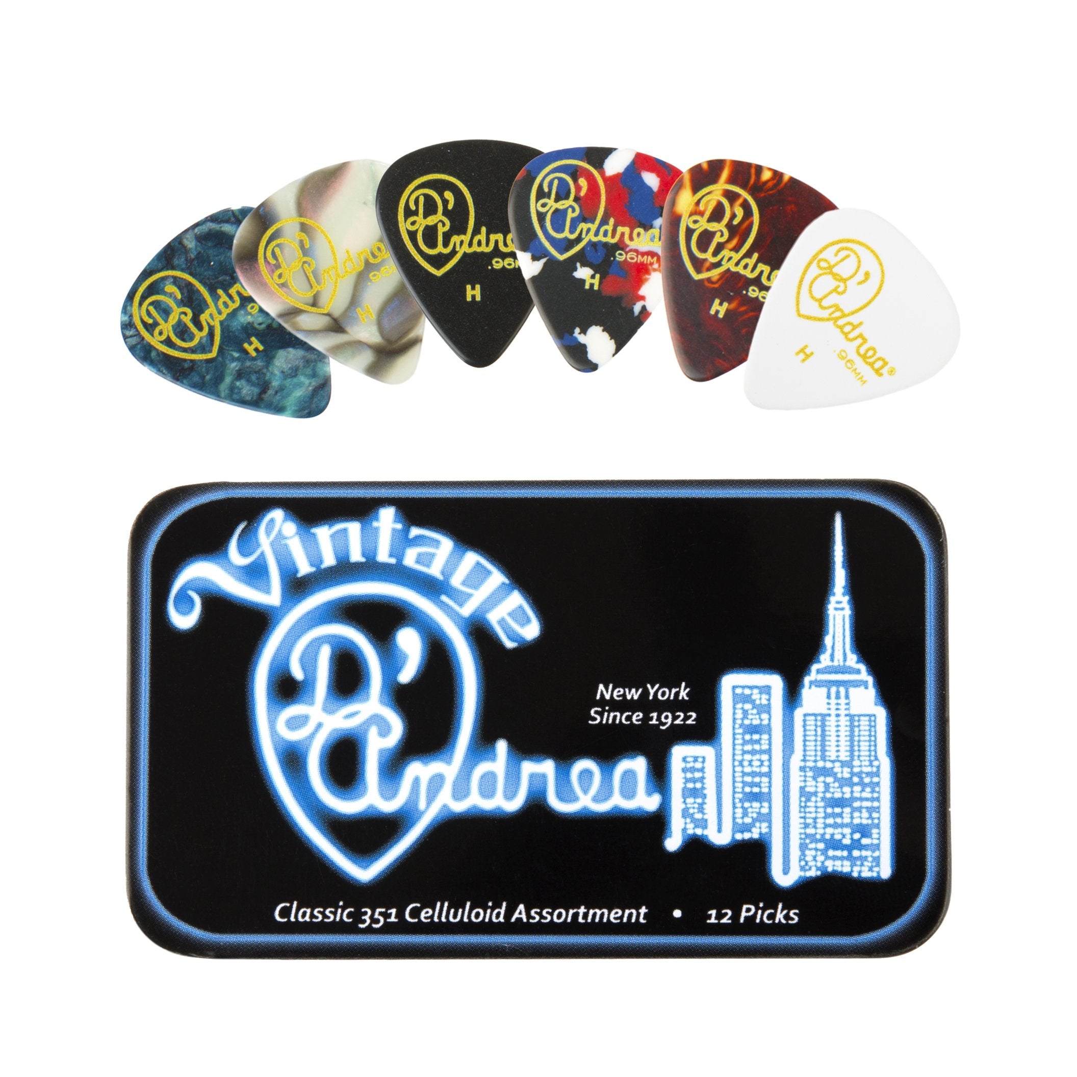 D'Andrea Tnvch Guitar Picks, 12 Piece, Collectible Tin, Vintage Assortment, Heavy