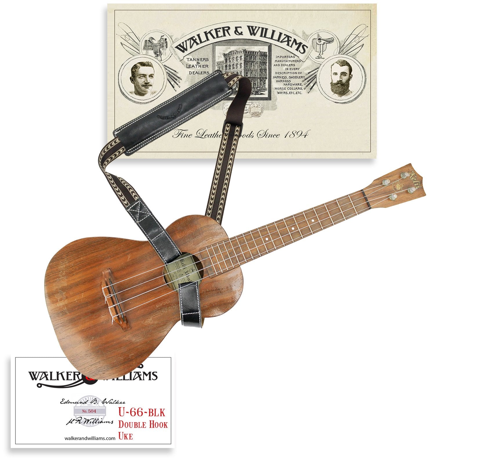 Walker & Williams U 66 Blk Black Double Hook Ukulele Strap With Premium Handmade Grain Leather Pad Hands Free For All Ukulele'S