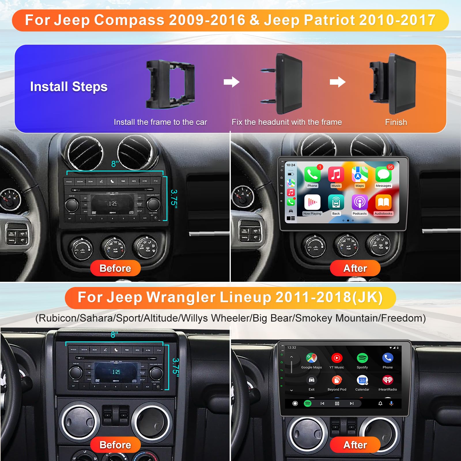 Cogamichi 10.1 Inch Android 12 Touch Screen Radio Upgrade Replacement Compatible With Jeep Jk Wrangler, Compass, Grand Cherokee,