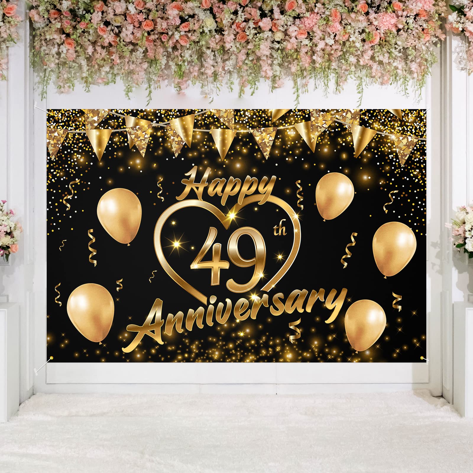 Happy 49Th Anniversary Backdrop Banner Decor Black Gold   Glitter Love Heart Happy 49 Years Wedding Anniversary Party Theme Deco