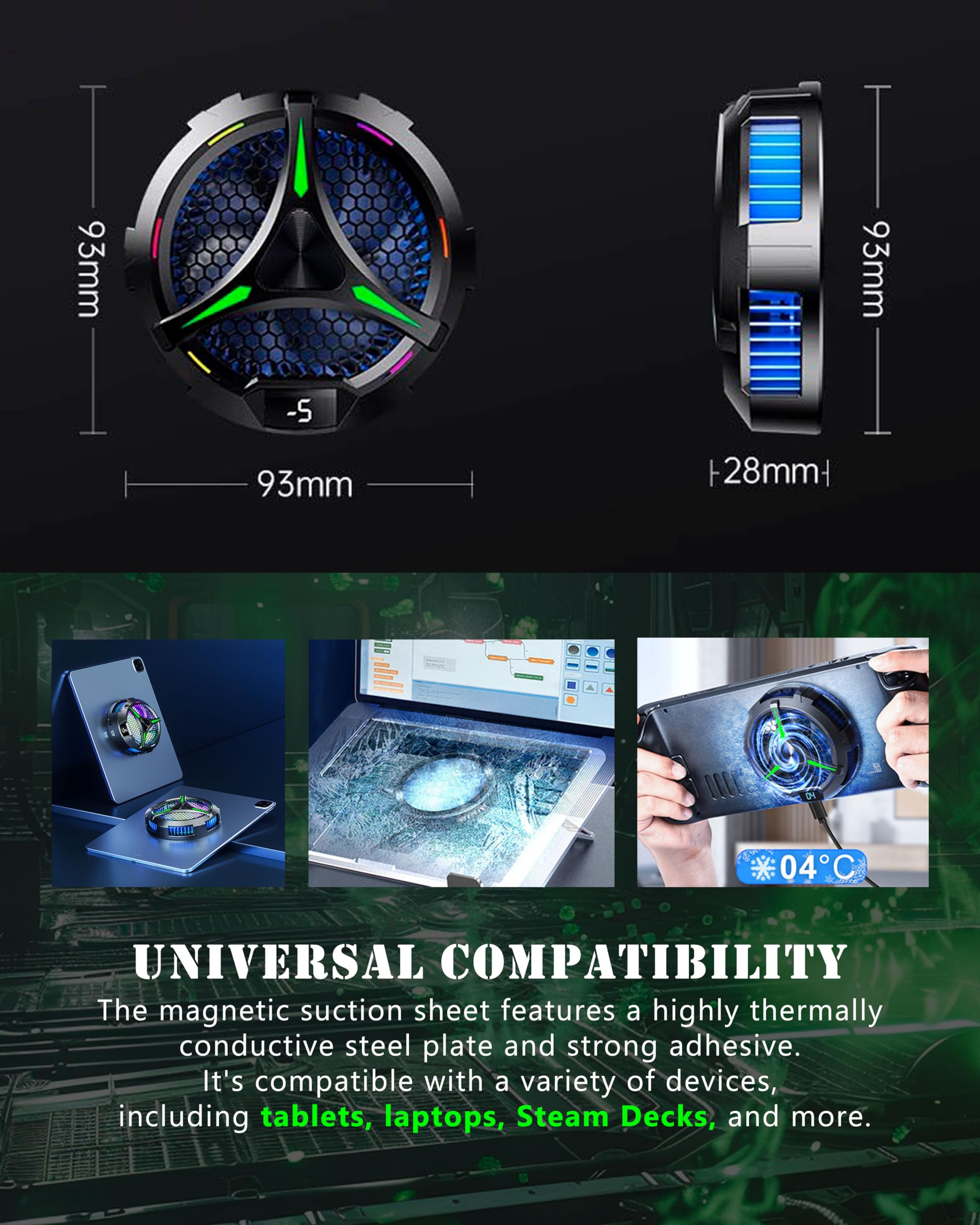 Acedays Magnetic Cooler For Ipad,Tablet Cooler For Ipad/Surface Pro/Samsung Tab,Universal Radiator With Temperature Display For