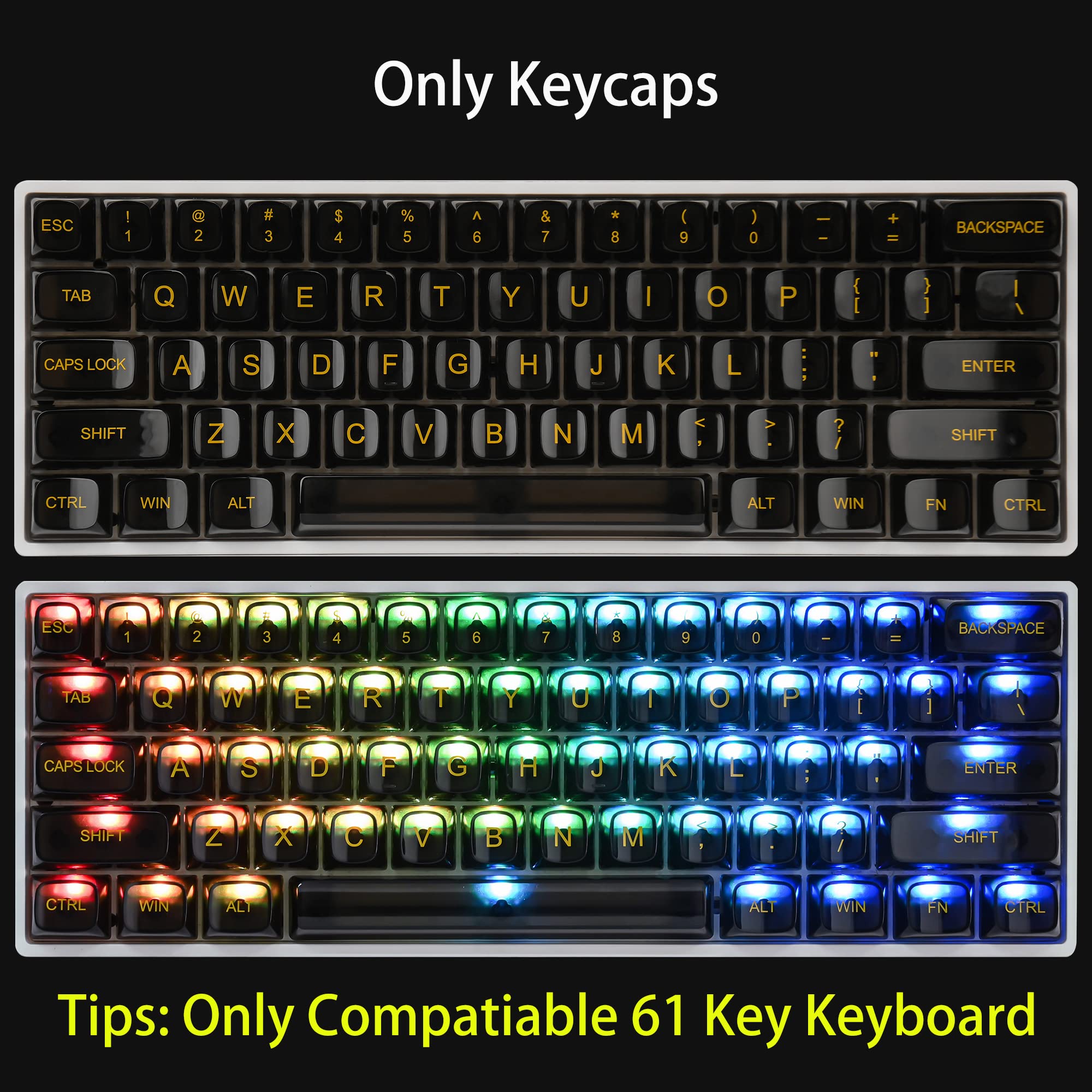 Fogruaden 61 Keys Black Clear Keycap Set, Osa Profile Transparent Pc Material Keycaps, Only Compatiable 61 Key Cherry Gateron Mx