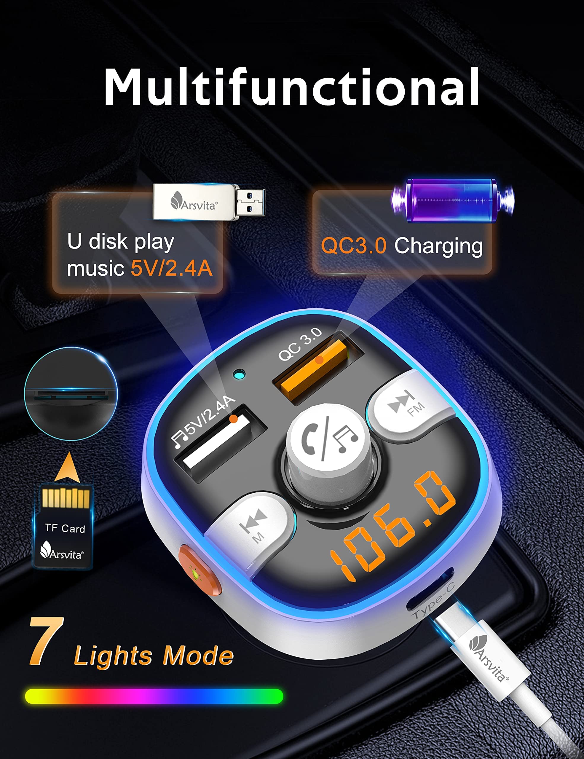 Arsvita Bluetooth Fm Transmitter For Car, Radio Receiver/Audio Adapter With Type C Pd Charger, Support Qc3.0 Quick Charging, Hands Free Calling And Hi Fi Sound Playback, Silver