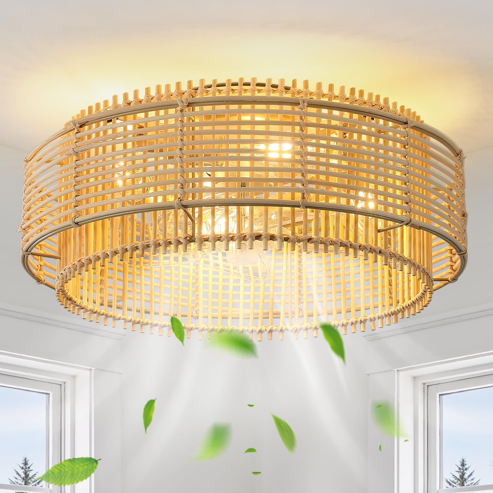 Rattan Boho Ceiling Fans Lights: 19.3 Low Profile Layered Ceiling Fans with Light & Remote Control Flush Mount Modern Fandelie