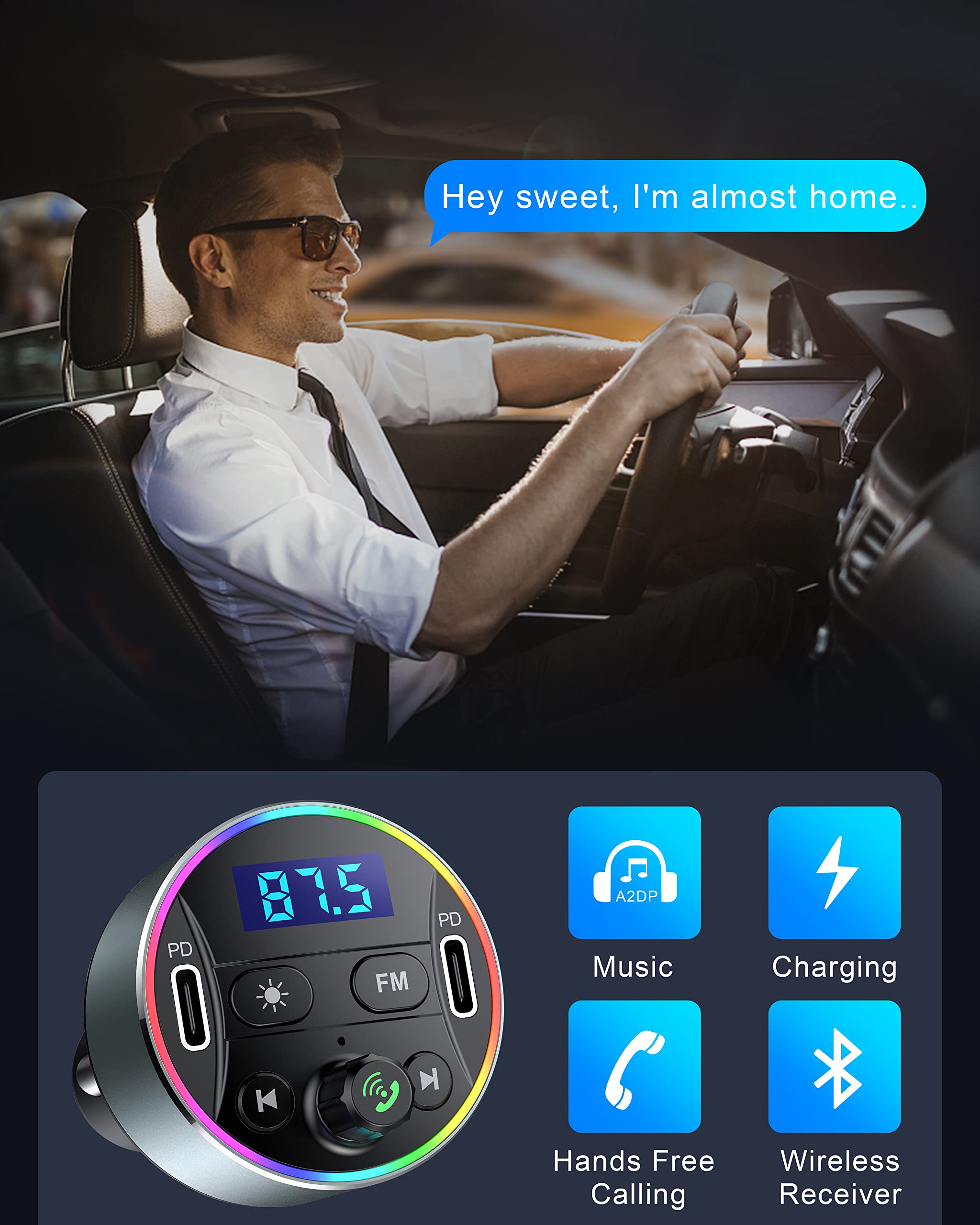 Dual Pd 40W Type C Usb Car Charger Bluetooth Car Adapter Bluetooth 5.3 Fm Transmitter For Car With Microphone & Hifi Sound Mp3 M