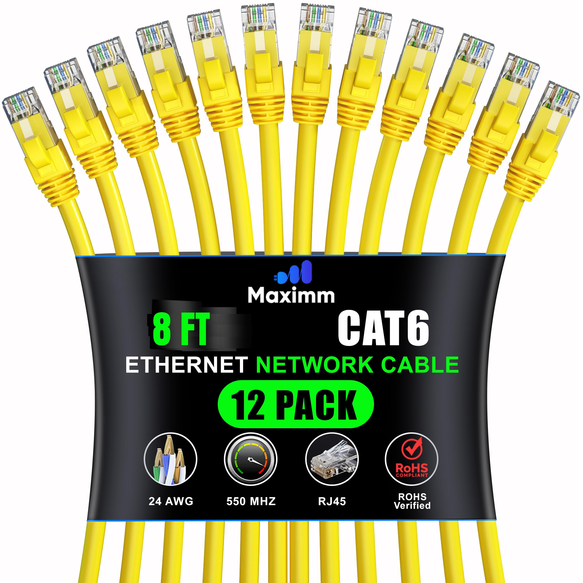 Maximm Cat 6 Ethernet Cable 8 Ft (12 Pack)   High Speed Lan Cable, Internet Cable, Patch Cable, And Network Cable   Utp, 10Gbps, 550Mhz Ethernet Cord   Yellow