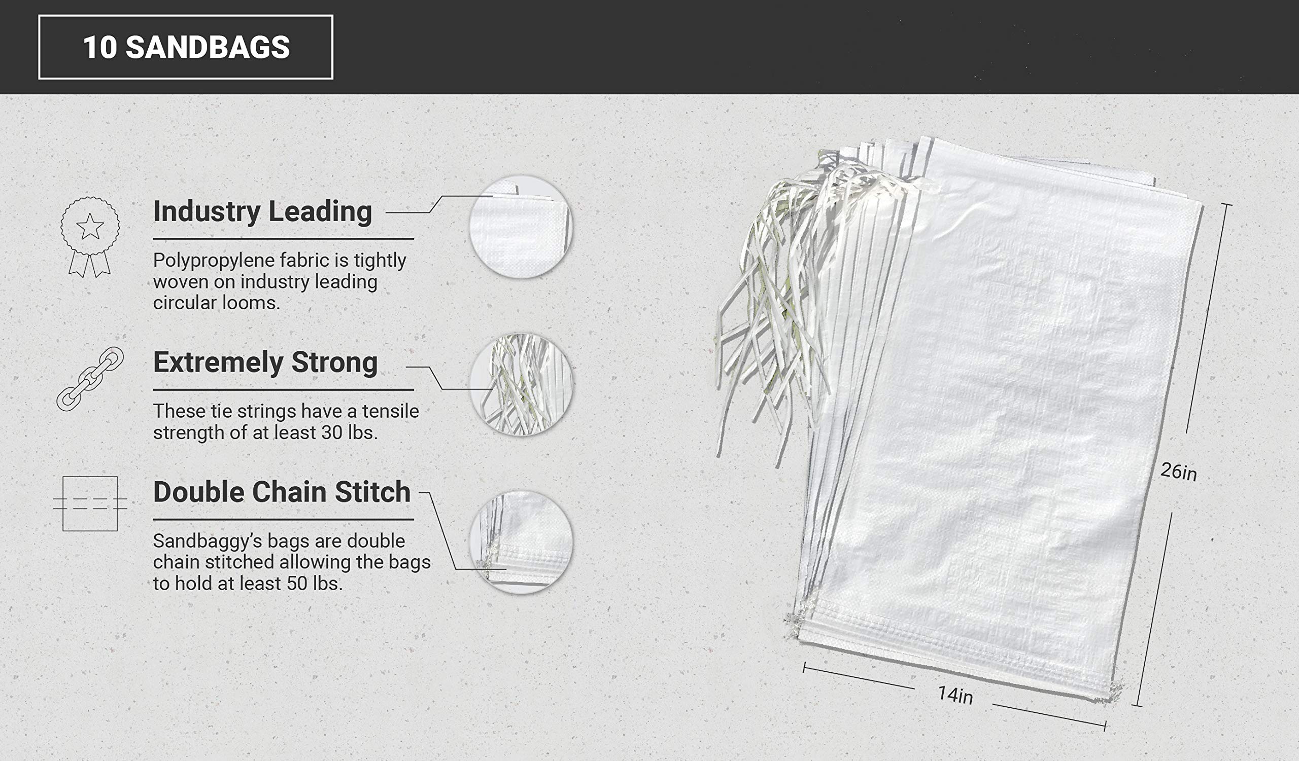 Sandbaggy Sandbags | Size: 14'' X 26'' | White Color | Military Grade | Protects Homes & Businesses From Flooding | Sand Bags Tr