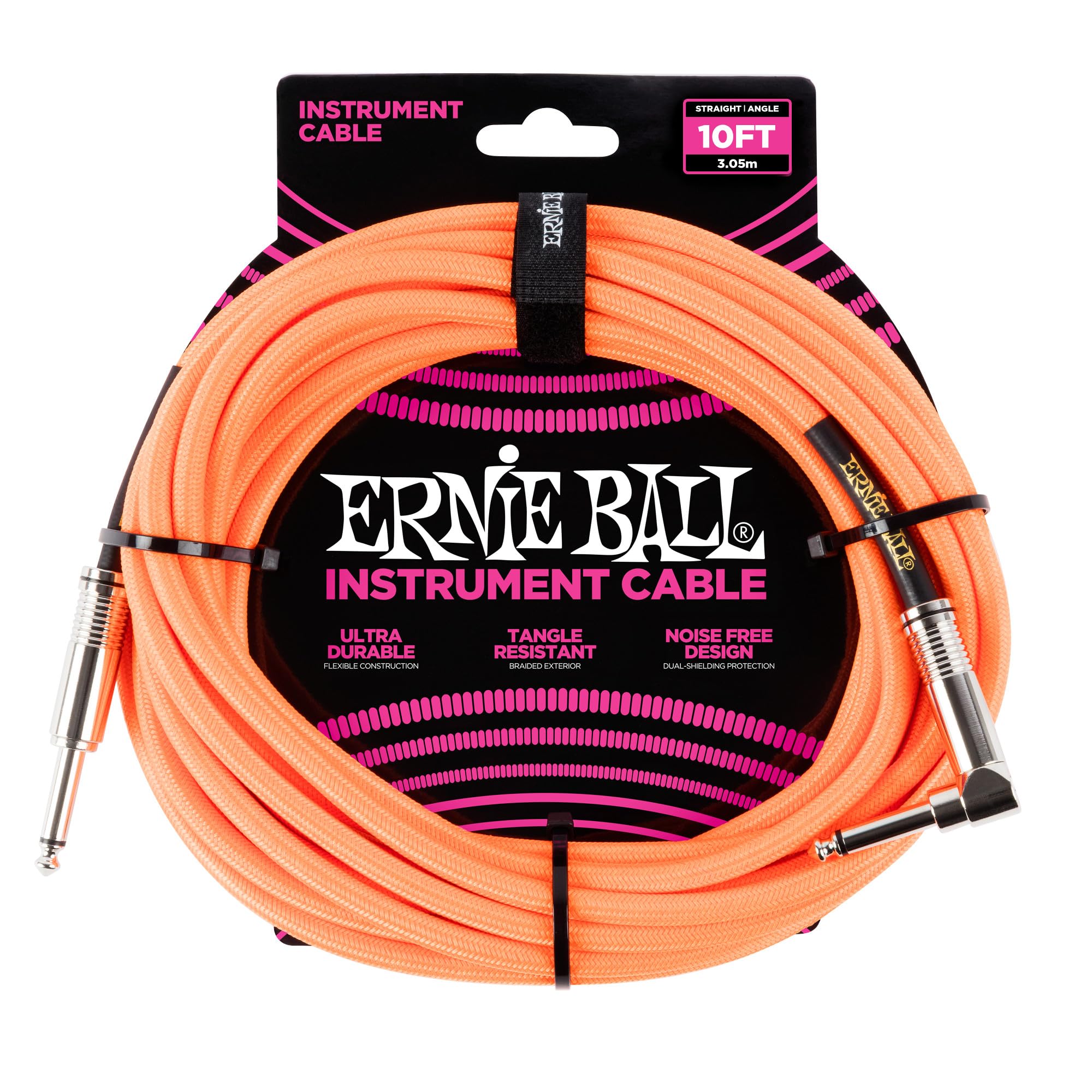 Ernie Ball Braided Instrument Cable, Straightangle, 10Ft, Neon Orange (P06079)