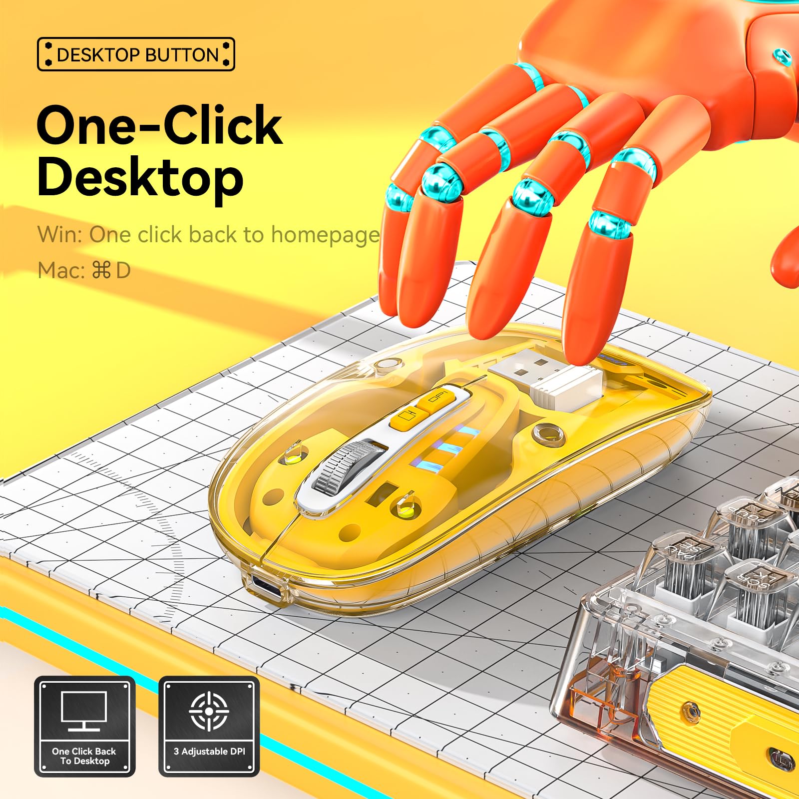 Uiosmuph Bluetooth Mouse Wireless, Tri Mode (Bt5.1/5.1+Usb), Usb C Rechargeable, Quiet Click, Transparent Cover, Battery Level V
