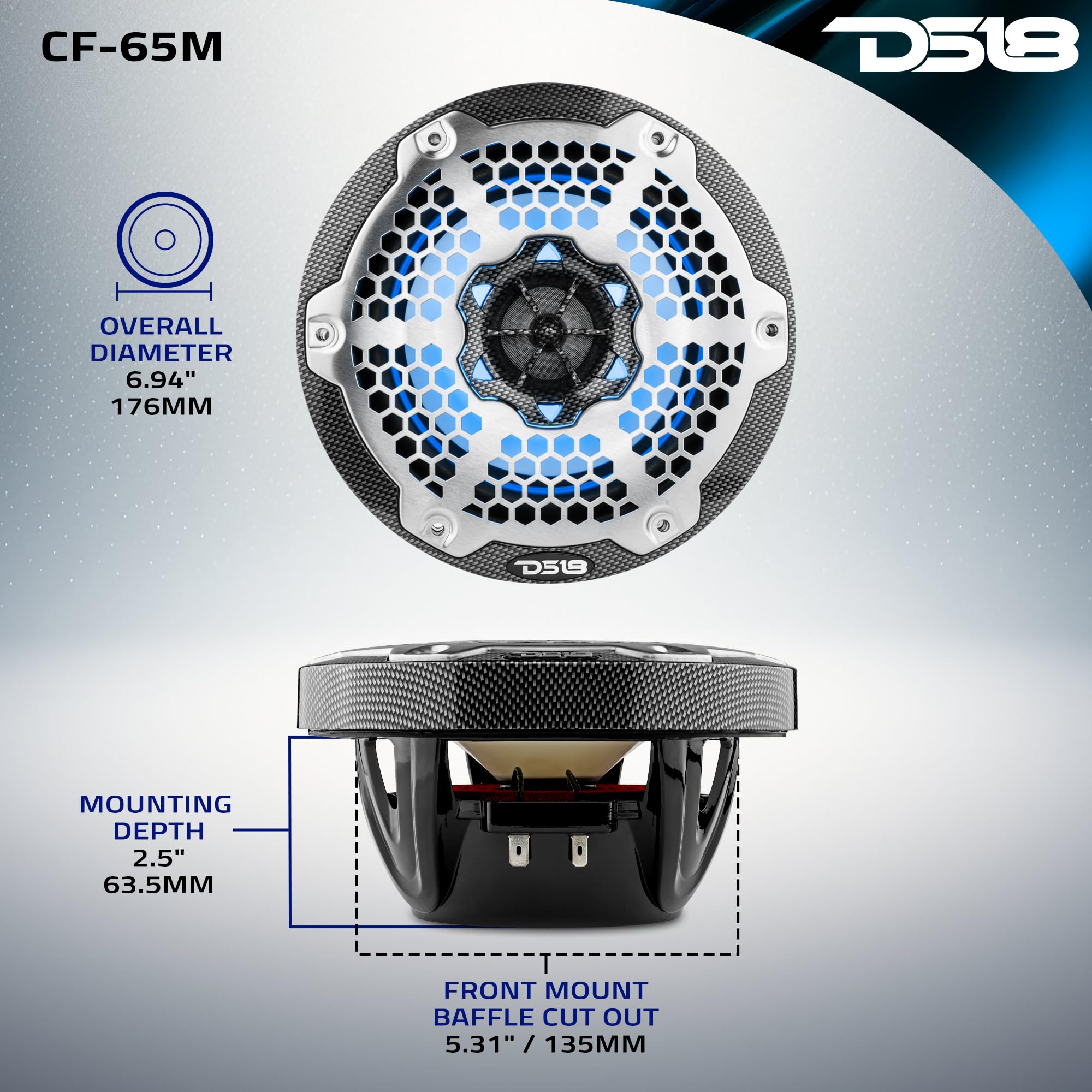Ds18 Hydro Cf-65M 6.5 Marine Speakers 2-Way With Integrated Rgb Lights, Black Carbon Fiber, Pair - 100% Uv Stable - Water Resist