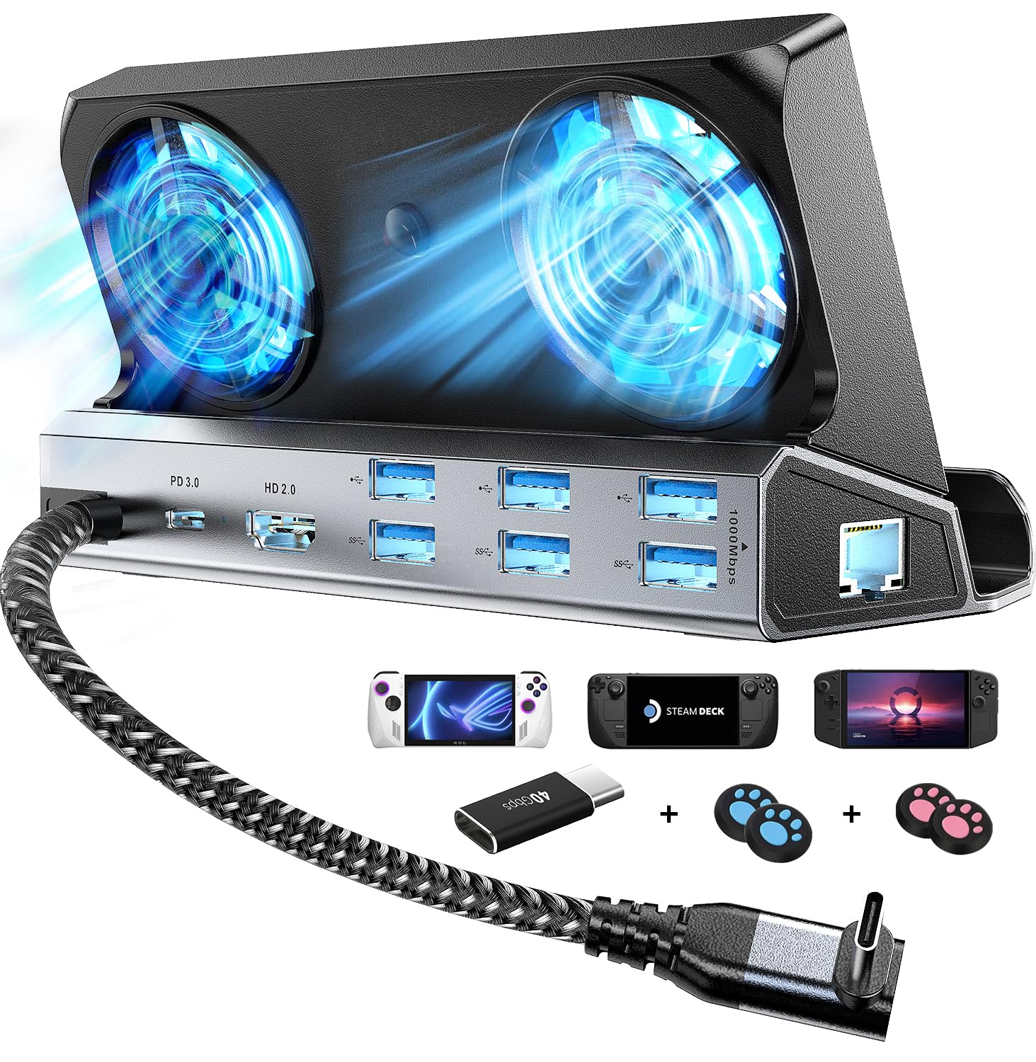 9 In 1 Steam Deck Docking Station For Steam Deck/Rog Ally/Switch/Legion Go Dual Cooling Fans 4K@60Hz,6 Usb Ports,1000Mbps,Type C 100W Pd 40Gbps Adapter