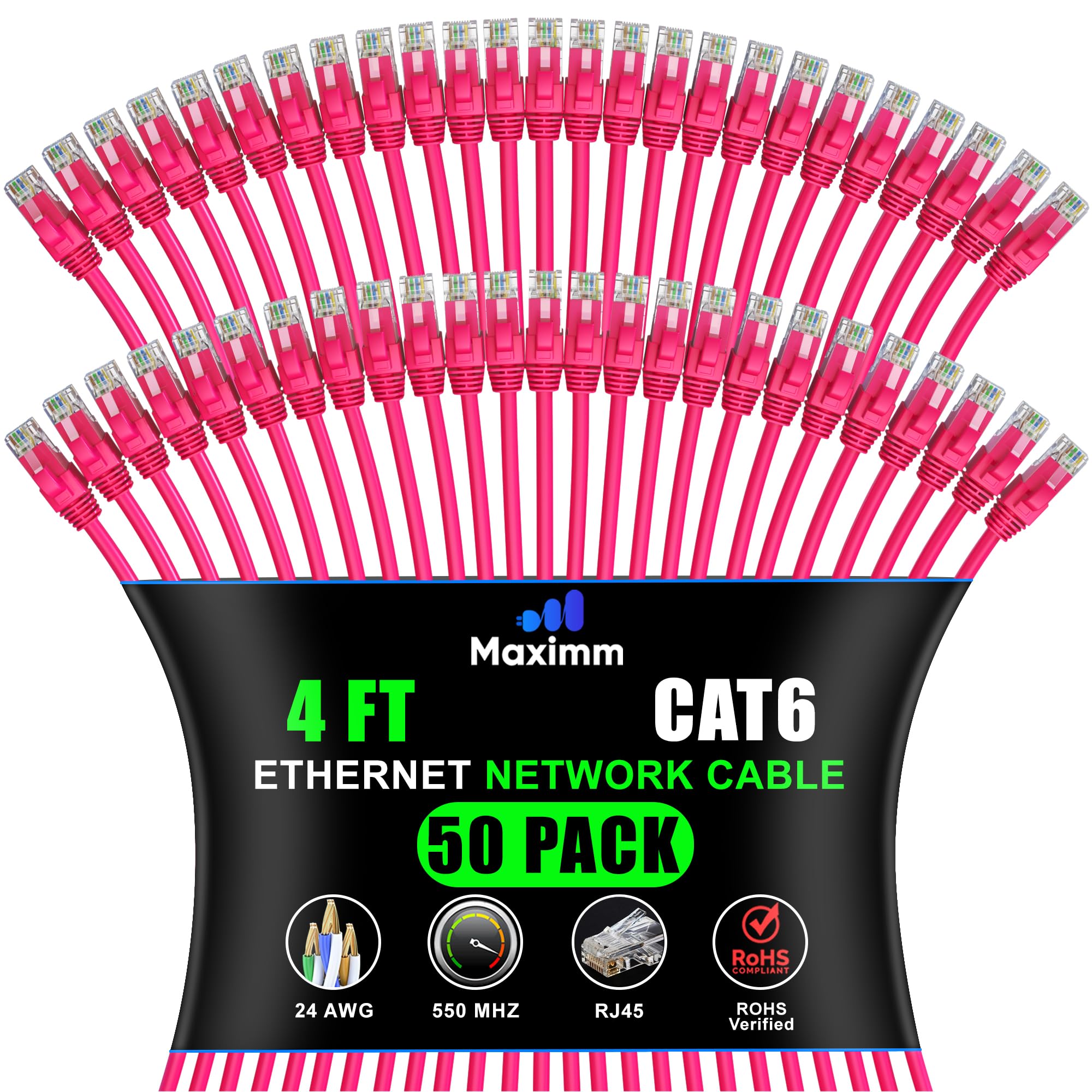 Maximm Cat 6 Ethernet Cable 4 Ft (50-Pack) - High-Speed LAN, Internet, Patch, and Network Cord - UTP, 10Gbps, 550MHz - Pink