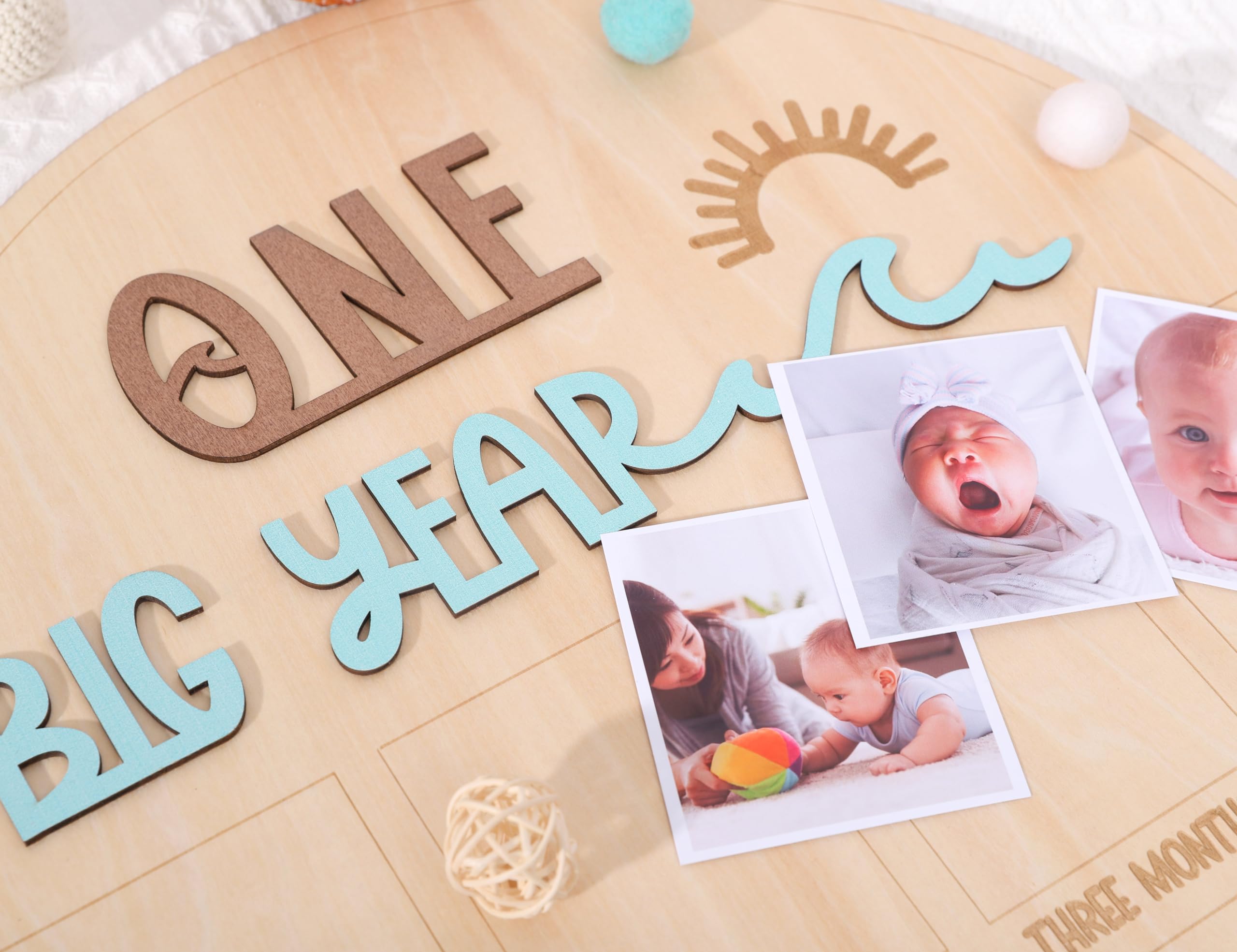 Agkvw The Big One Surf One Year Old Photo Board   My First Year Photo Display Wood Board, Wave Theme Monthly Milestone Photo Boa