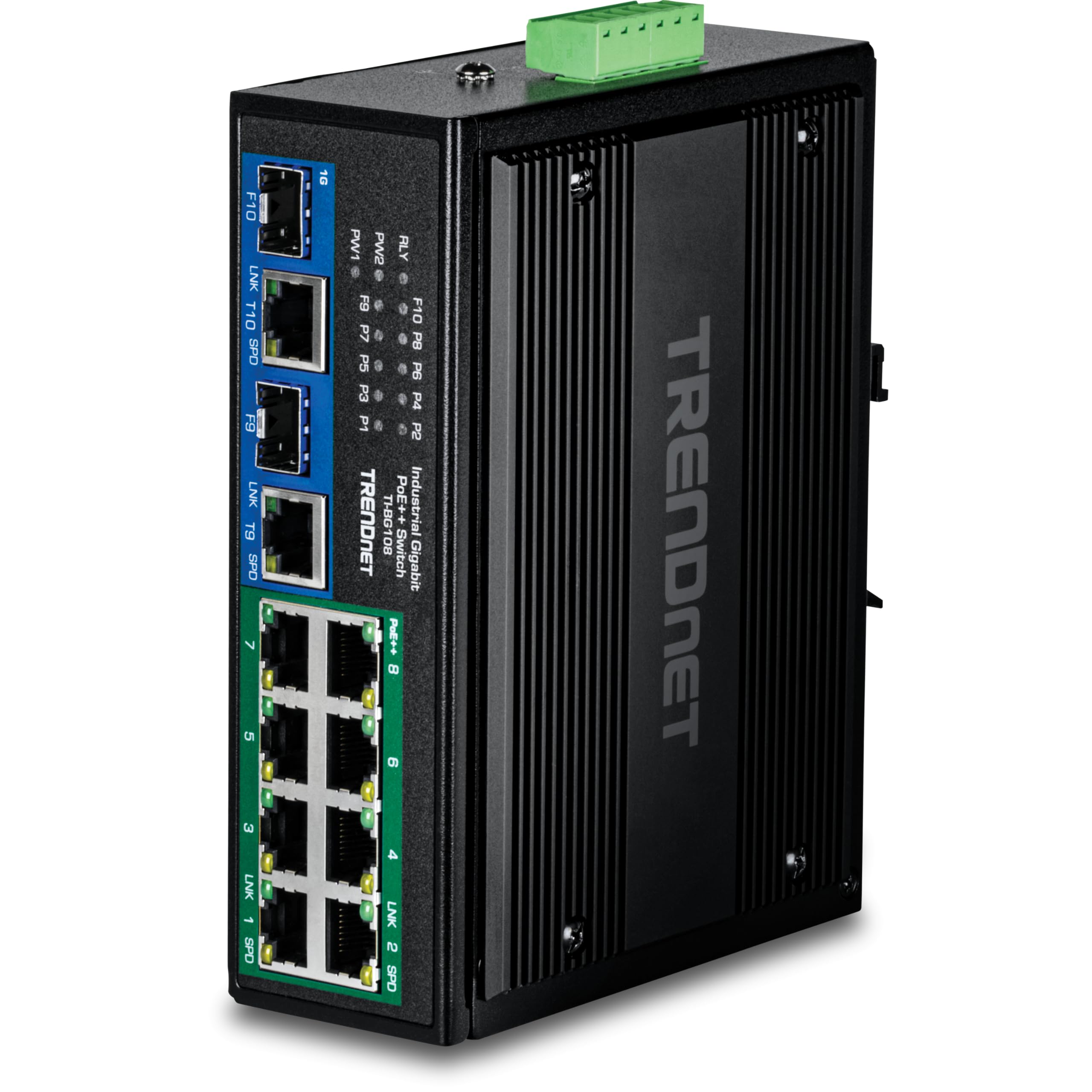 TRENDnet 10-Port Industrial Gigabit 400W PoE++ DIN-Rail Switch, TI-BG108, 8 x Gigabit PoE++ Ports, 2 x Gigabit Shared Ports (RJ-