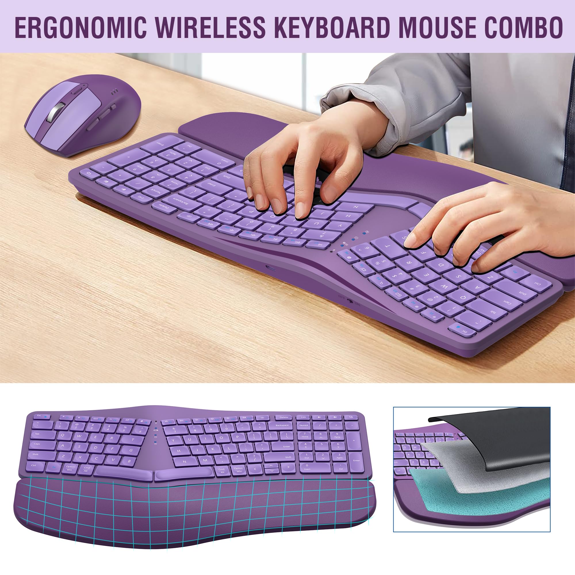 Mk960 Ergonomic Wireless Keyboard Mouse Combo, Bluetooth/2.4G Split Design Keyboard With Palm Rest And 4 Level Dpi Adjustable Wi