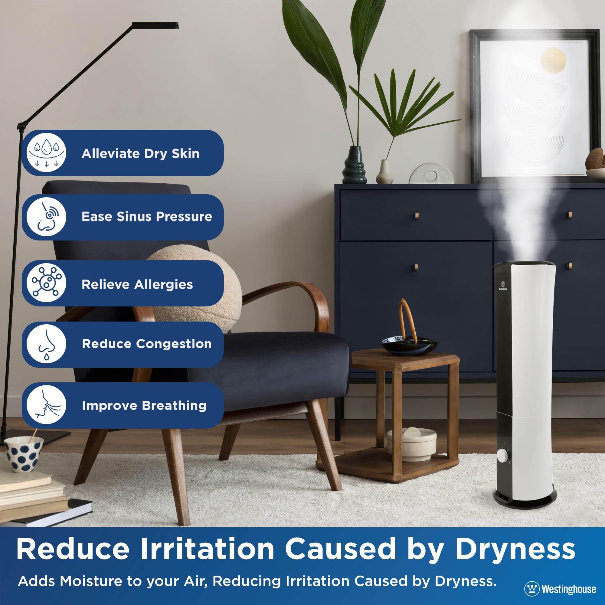 Westinghouse 28-Inch Cool Mist Ultrasonic Tower Humidifier, 6L Top Fill Air Humidifier With Essential Oil Diffuser, Adjustable M