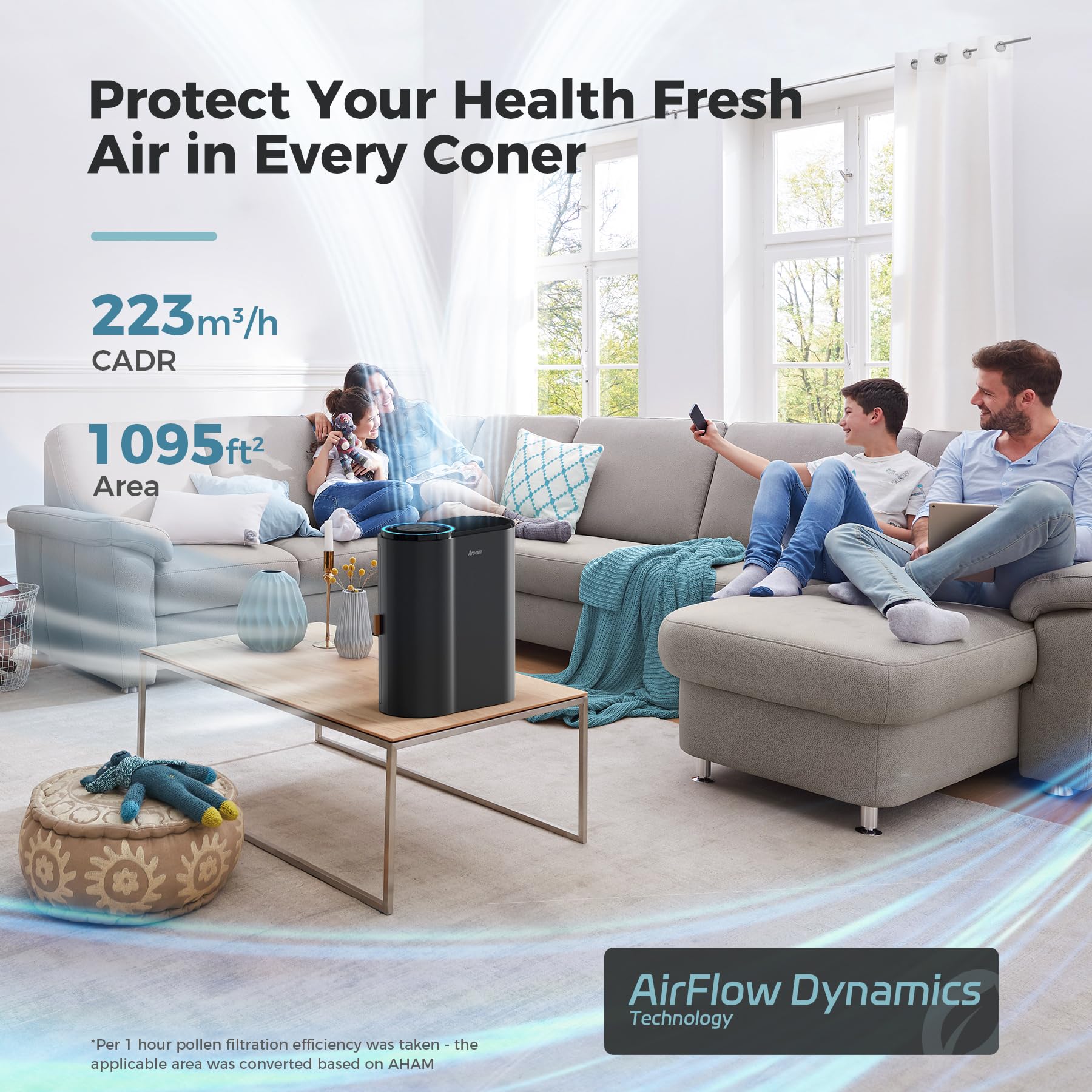 Aroeve Air Purifiers For Home Bedroom, Covers Up To 1095 Ft, 3-In-1 Filter Sleep Mode, Air Quality Indicator Ring, Remove Dust S