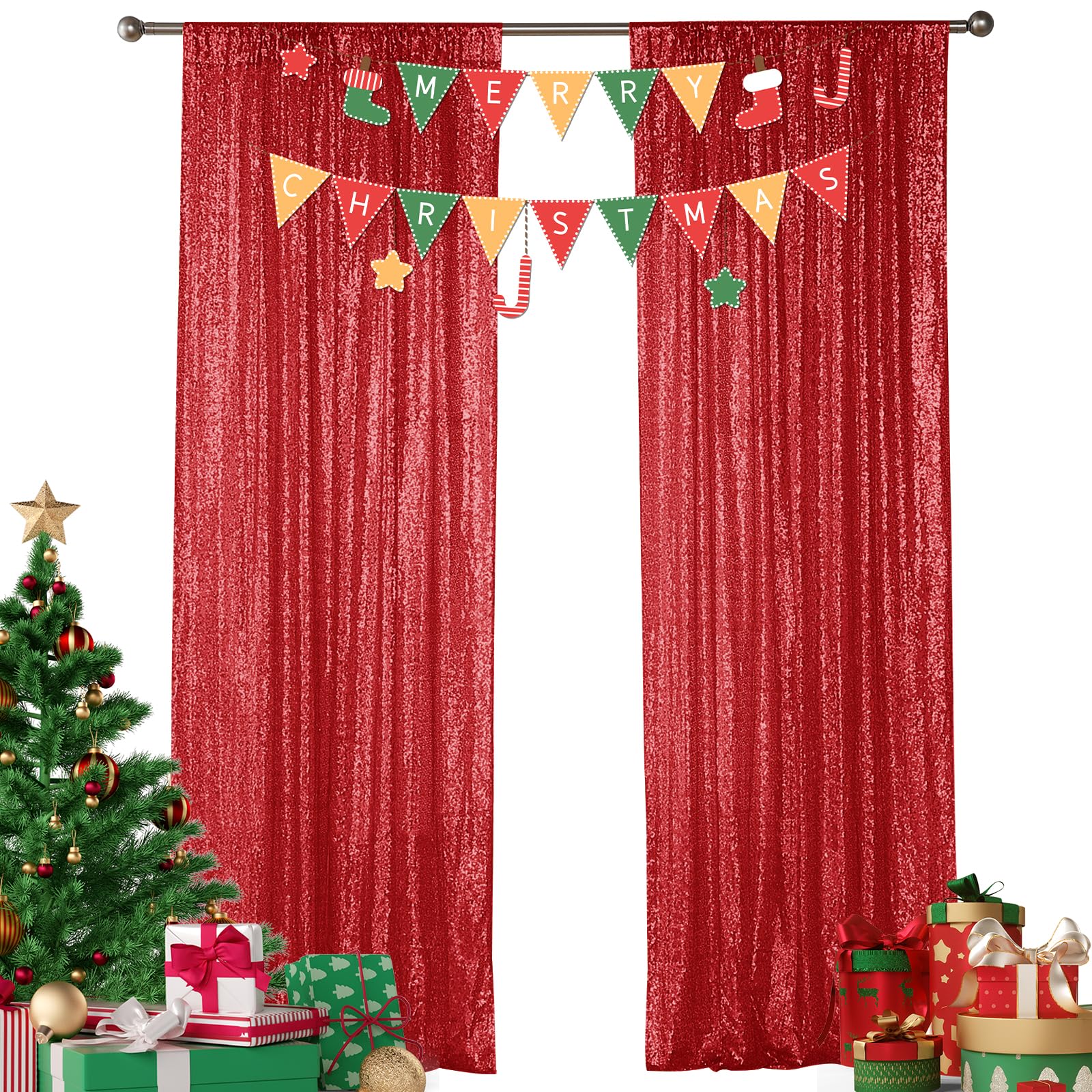 Sugargirl Red Sequin Backdrop Curtain 2 Panels 2Ftx8Ft Glitter Red Background Drapes Sparkle Photography Backdrop For Party Wedd