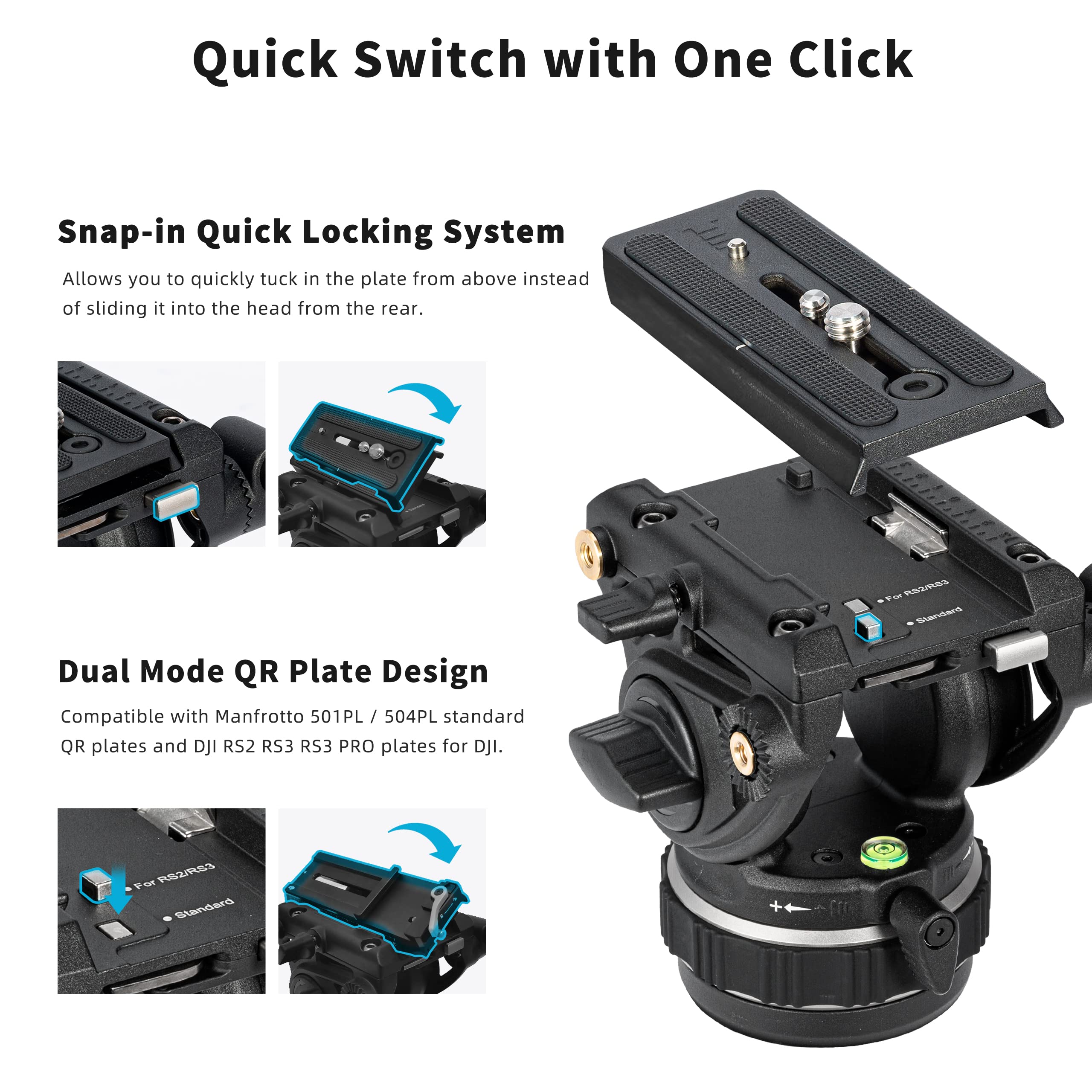 Cayer K10 Pro Video Fluid Head With 75Mm Flat Base, Adjustable Pan Drag And Telescopic Handle, Heavy Duty Tripod Fluid Head For