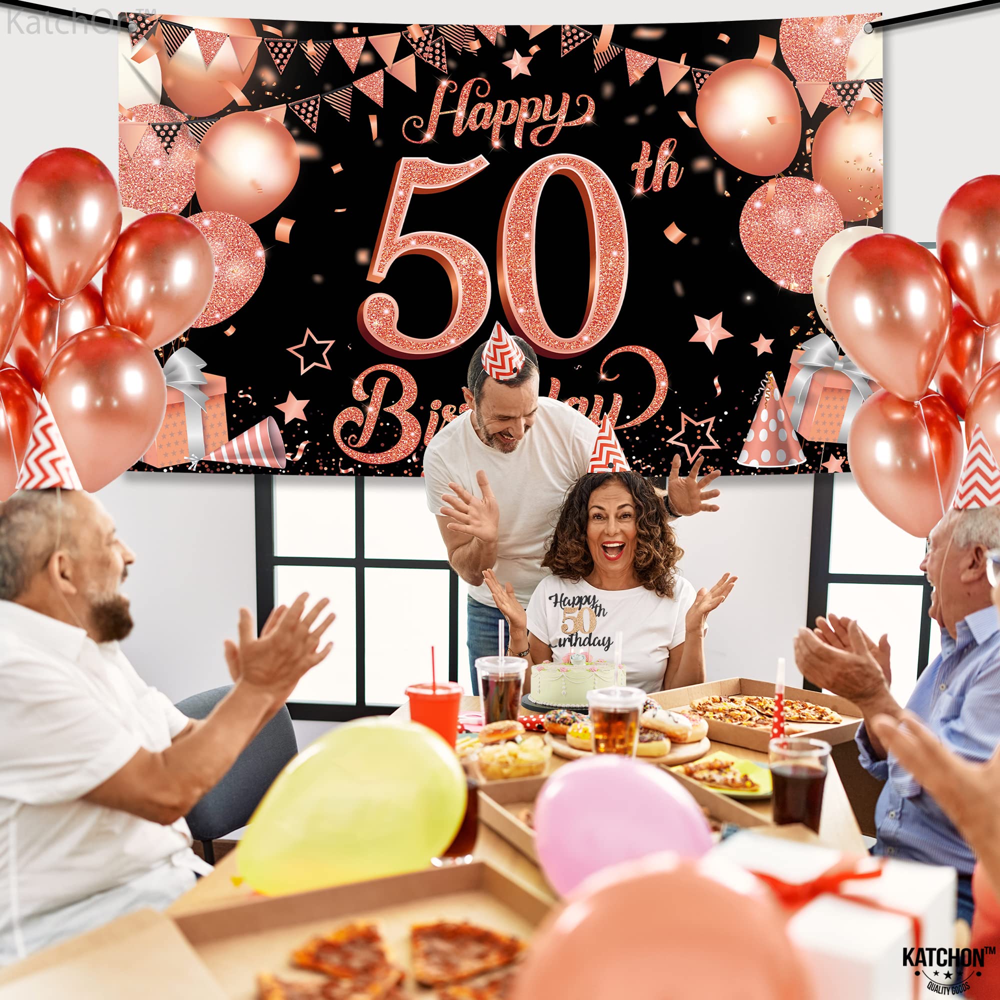 Katchon, Rose Gold 50Th Birthday Banner   Xtralarge, 72X44 Inch | Happy 50Th Birthday Backdrop For Women | Rose Gold Happy 50Th