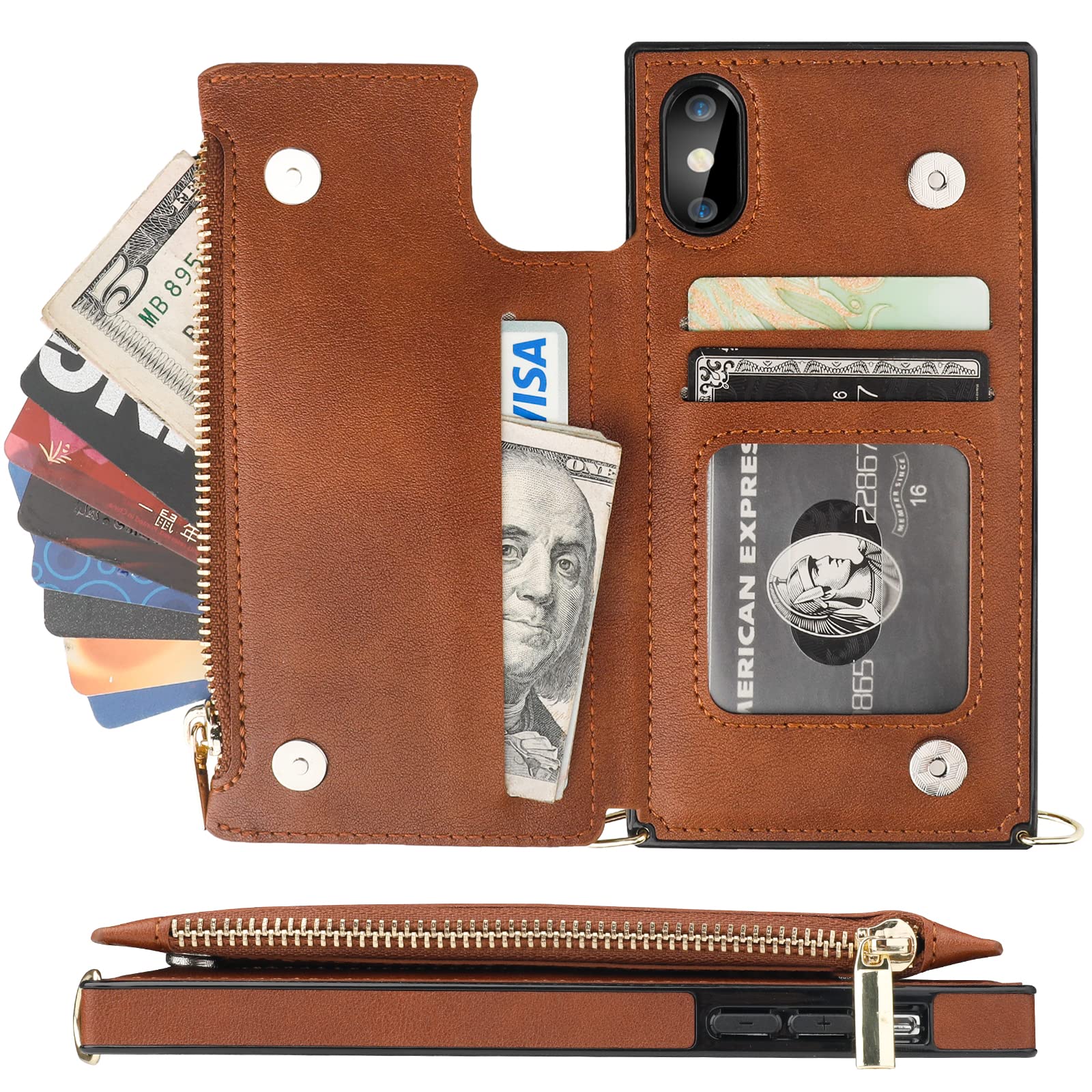 Bocasal Crossbody Wallet Case For Iphone X Xs With Card Holder,Zipper Card Slot Protector Shockproof Purse Cover With Removable