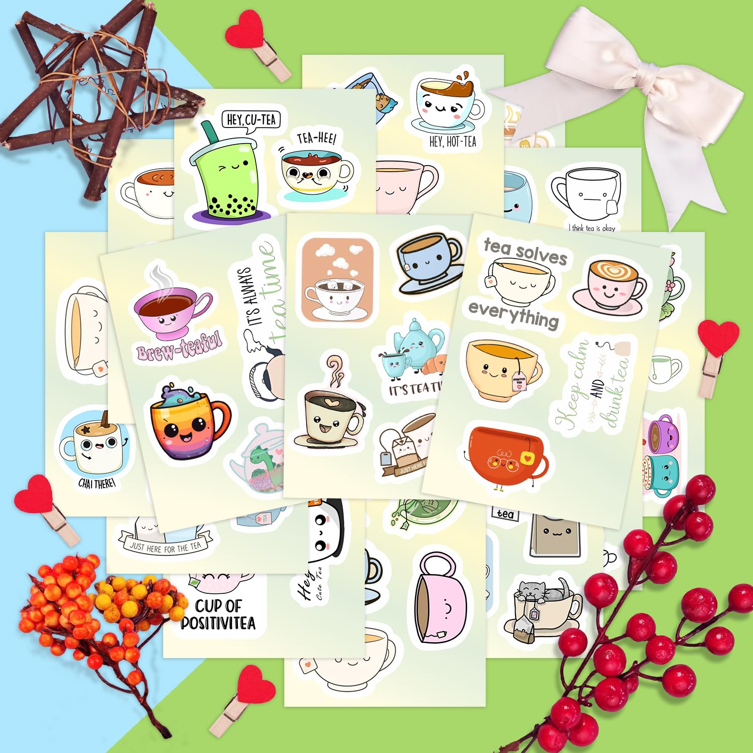 Cute Tea Cup Stickers, Tea Stickers For Water Bottle And Laptop   Tea Cup Party Favors & Decorations, Waterproof Vinyl Drink Dec