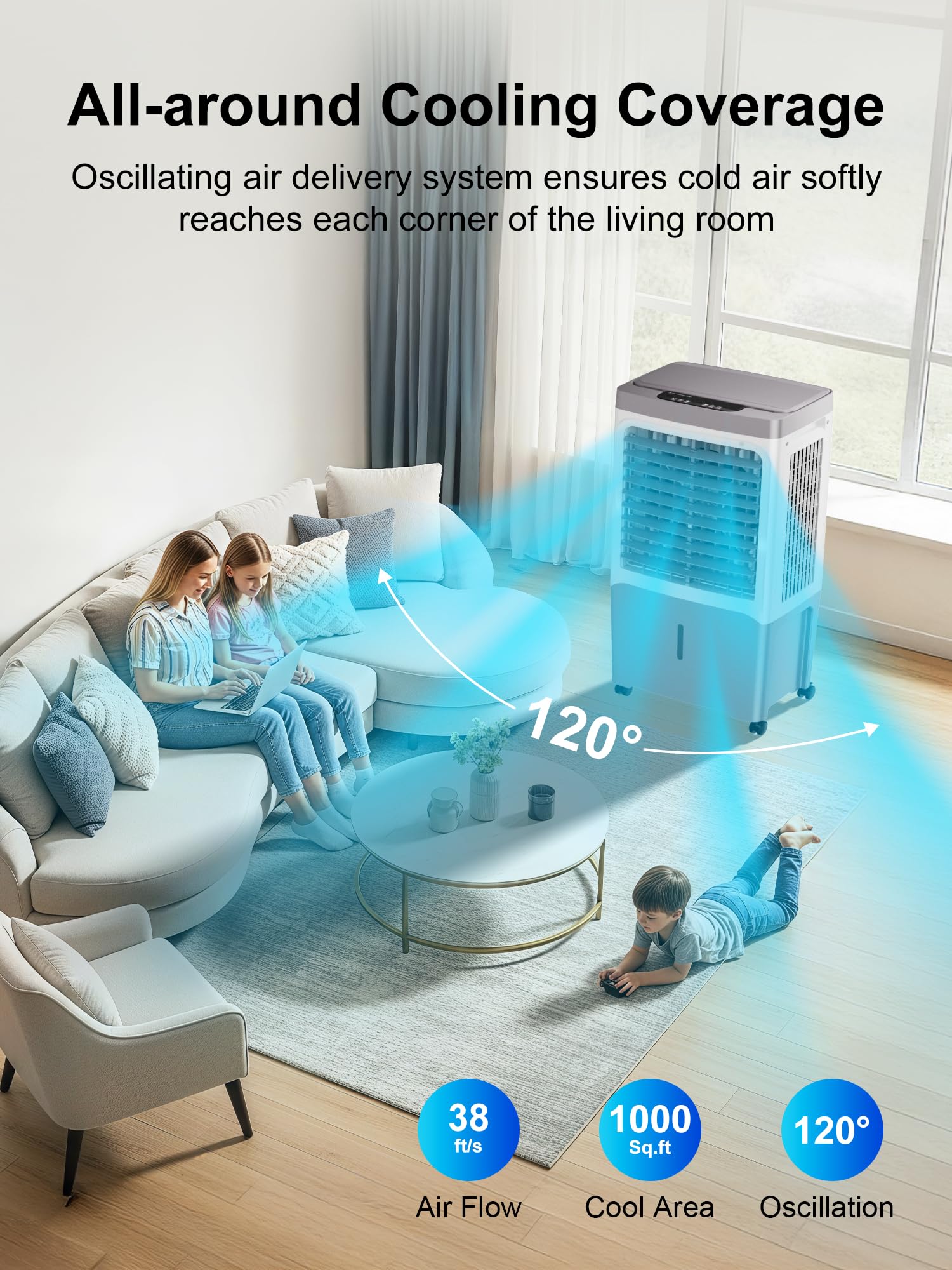 Uthfy Swamp Cooler, 2800 Cfm Evaporative Air Cooler With 7 Gal Water Tank, Remote Control, 12 H Timer, 120 Oscillation, 3 Speed,