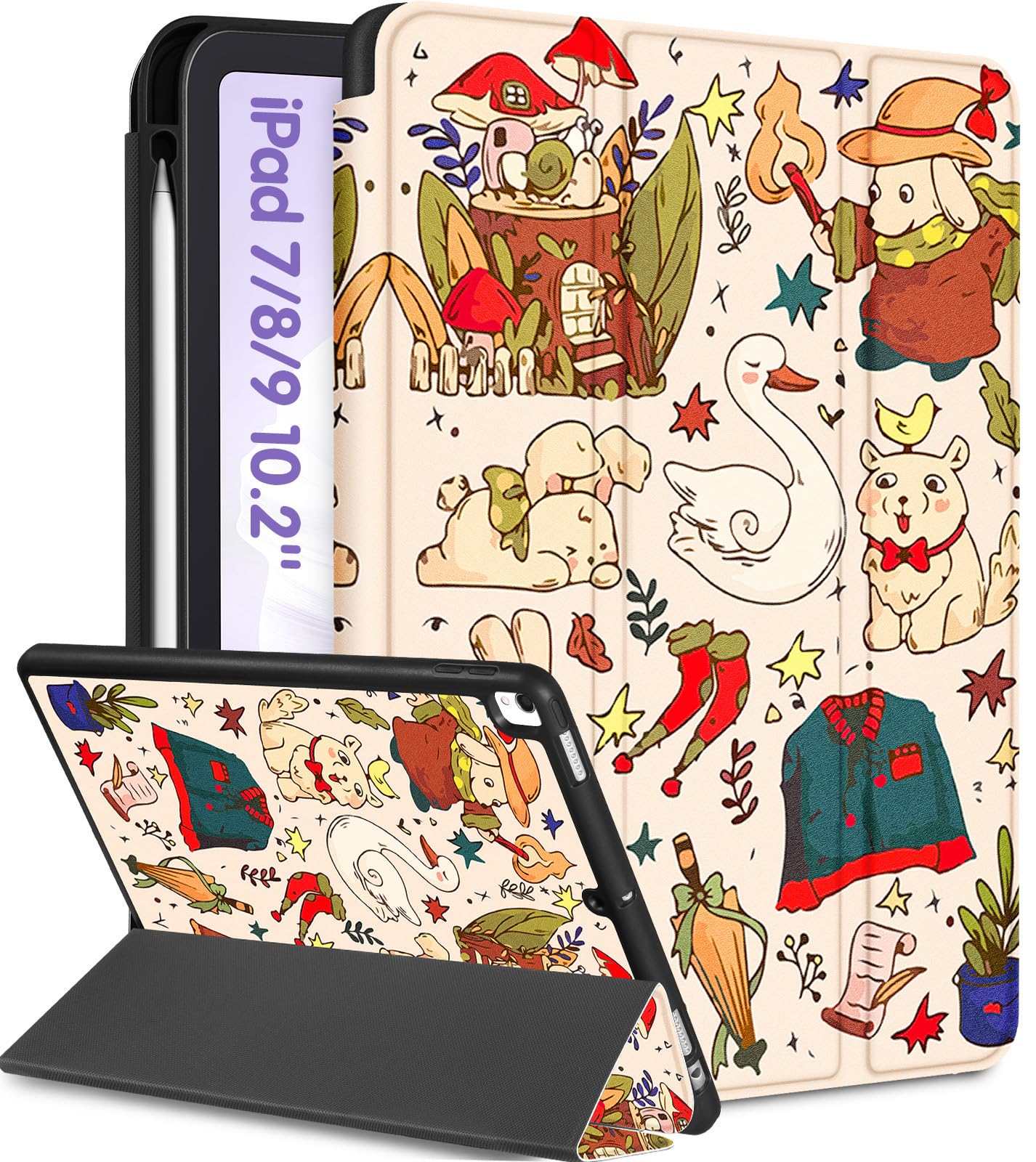 Uppuppy For Ipad 9Th/8Th/7Th Generation Case 10.2 Inch Girls Cute Kids Women Folio Smart Cover Pencil Holder Cartoon Aesthetic D