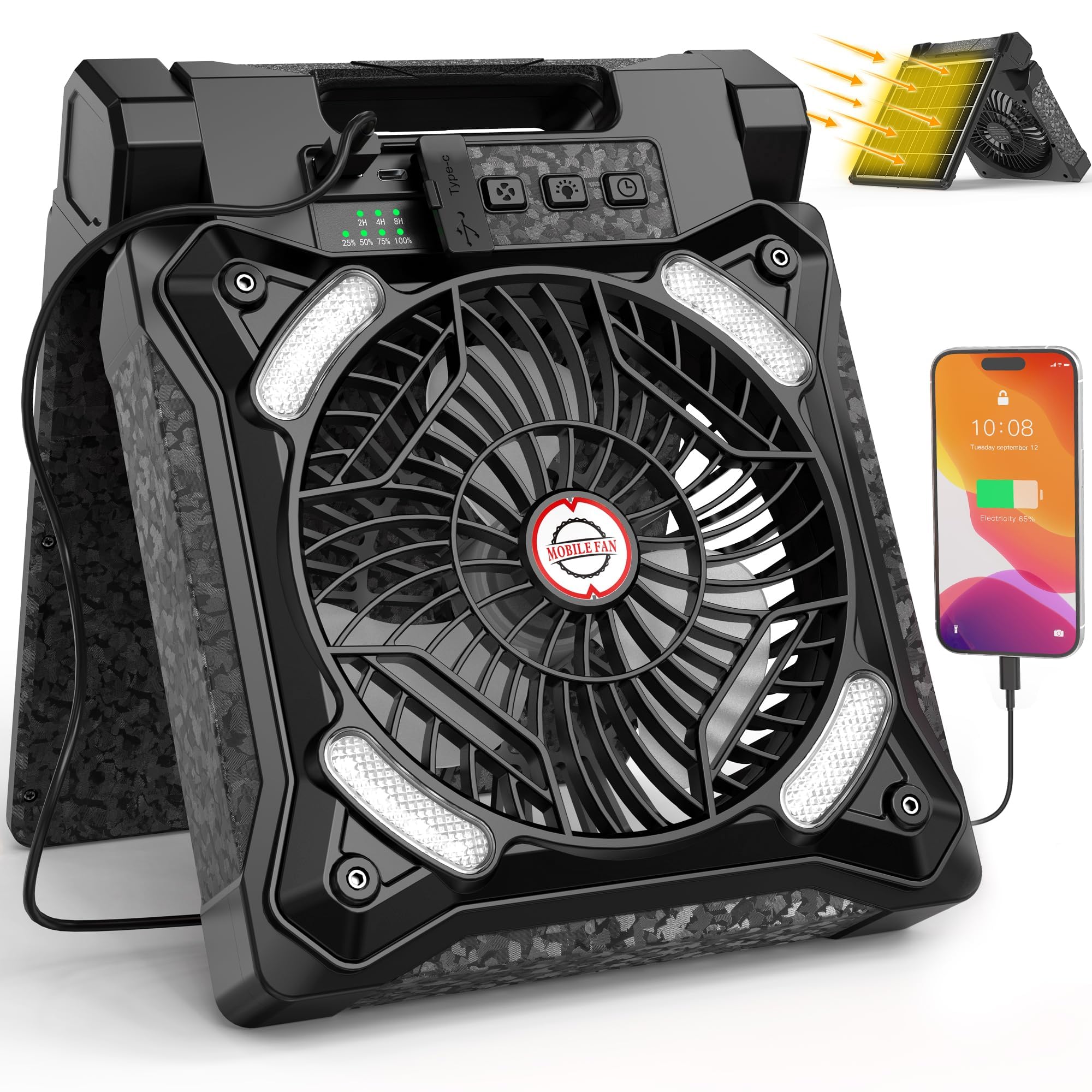 PANERGY Solar Fan with Lantern for Camping, Rechargeable Battery Powered Fan(36H cooling/60H lighting), 4-Speed, 8H Timer, 90Fol