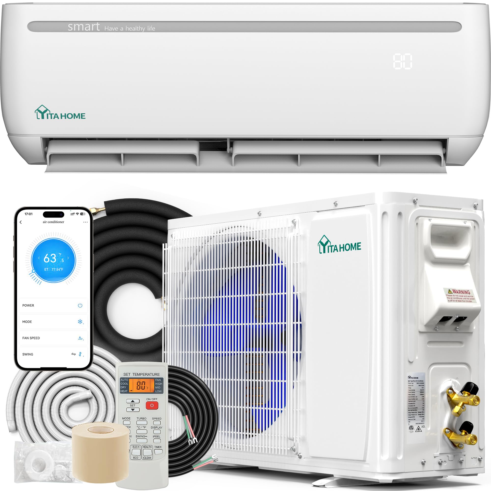 YITAHOME 12000 BTU Mini Split Air Conditioner Heat Pump System, Wifi Enabled 17 SEER2 208-230V Inverter Ductless AC Cool Up to 7