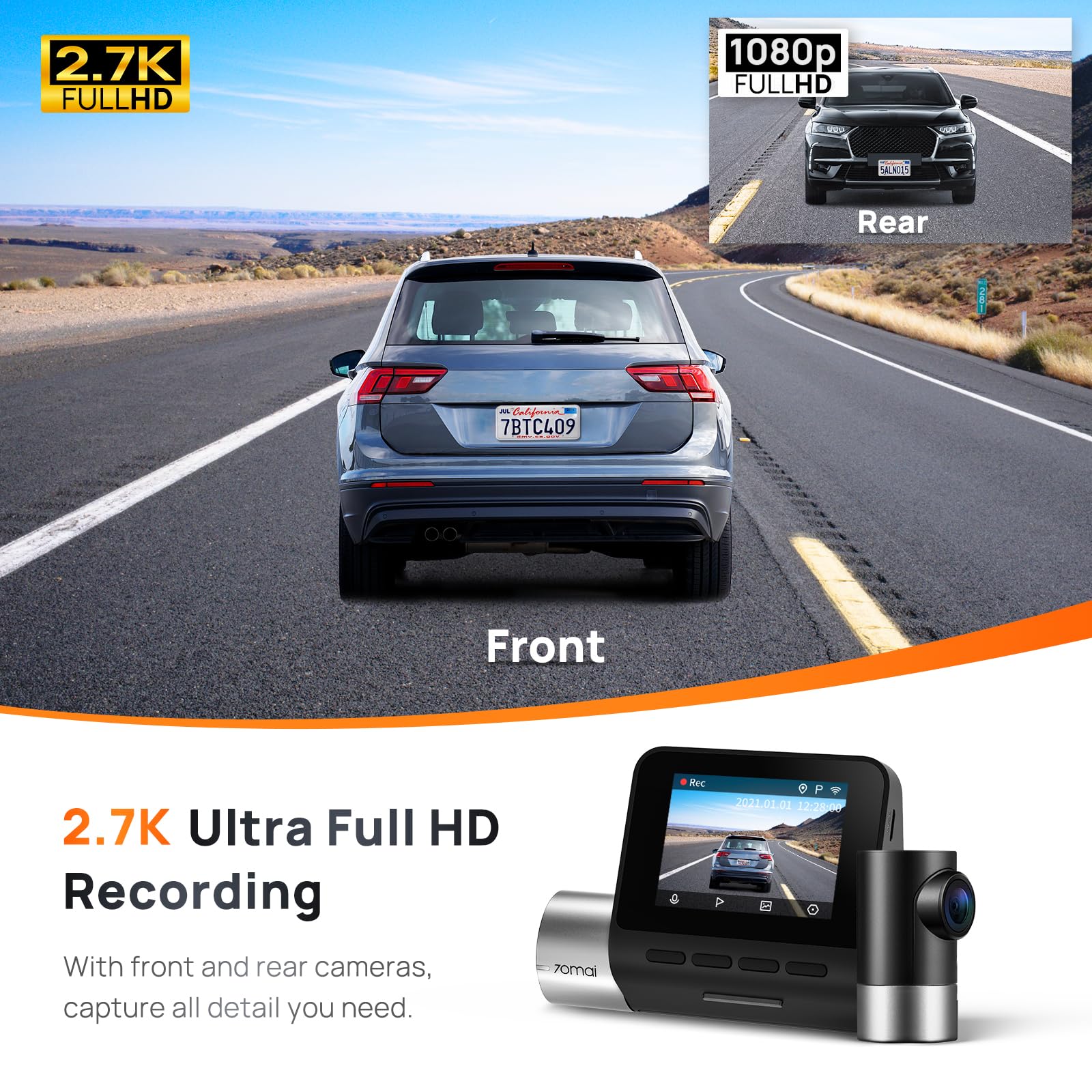 70Mai True 2.7K 1944P Ultra Full Hd Dash Cam A500S, Front And Rear, Built In Wifi Gps Smart Dash Camera For Cars, Adas, Sony Imx