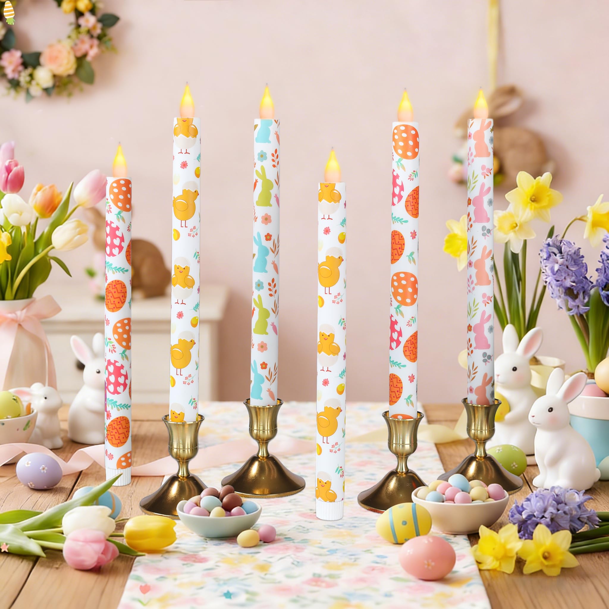 LCZLUMIPRO 6Pcs Easter Taper Candles - 10.6 Battery Operated Flameless LED Candles with Bunny, Chick & Egg Patterns, Flickering 