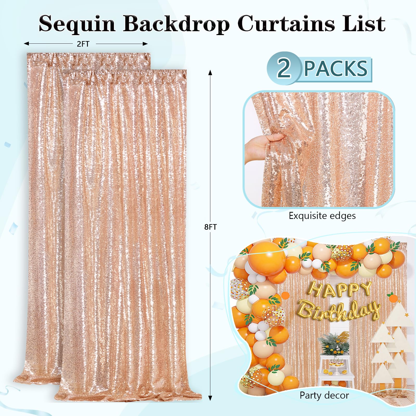 Backdrop Curtain Drapes 2 Panels Rose Gold Party Sequin Background 2Ft X 8Ft Wedding Ceremony Birthday Decorations Shimmer Fabri
