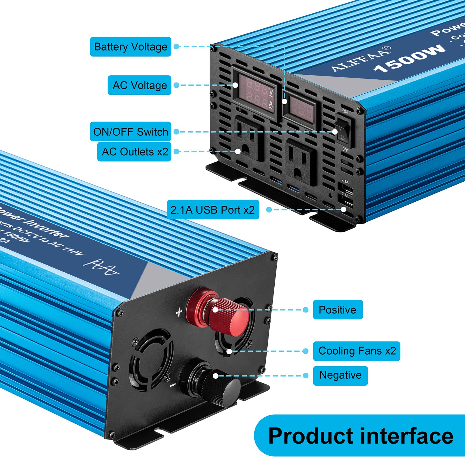 1500W Pure Sine Wave Inverter 12V To 110V With Built In 5V/2.1A Usb Port,Hardwire Terminal, Lcd Display,12V Dc To 120V Ac Conver