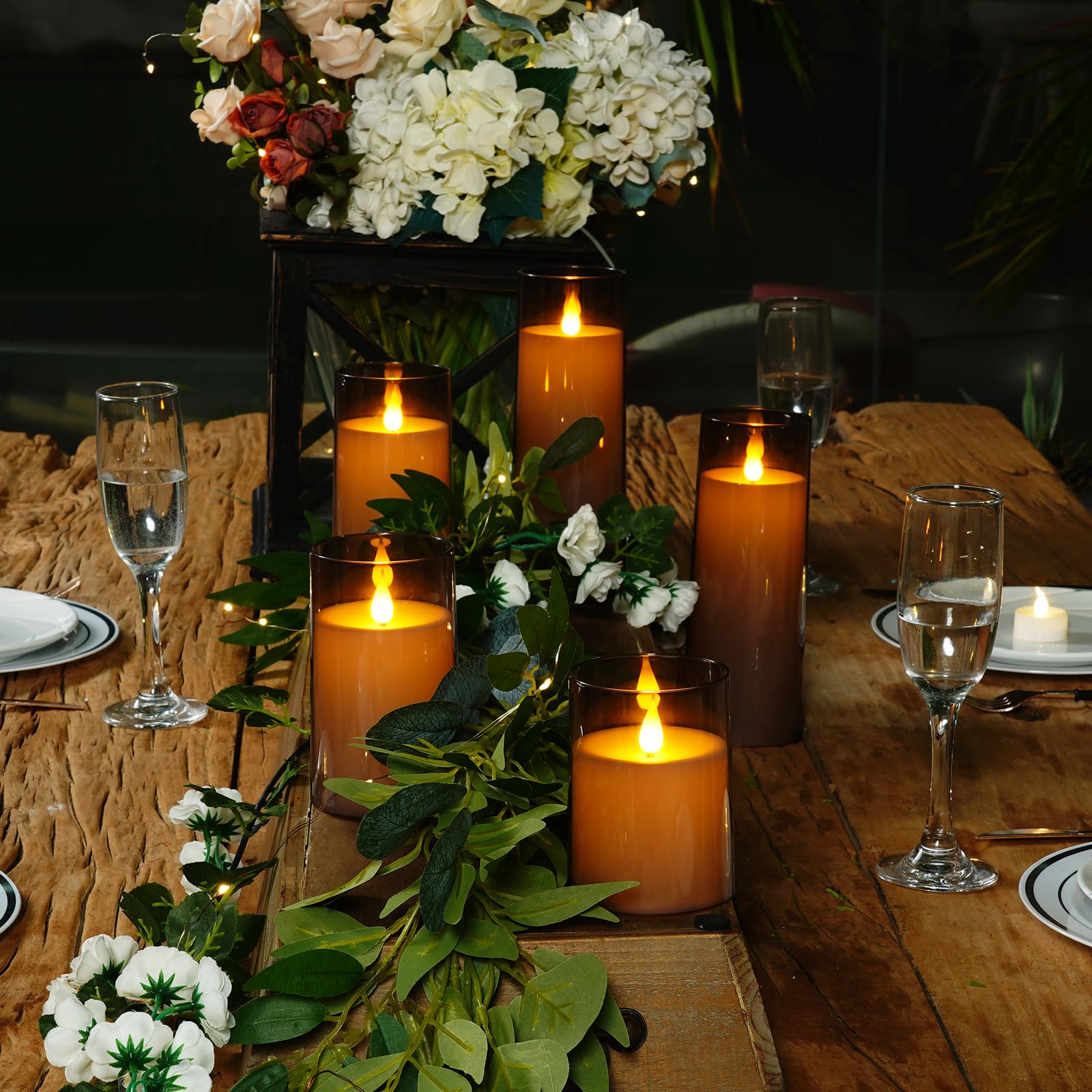 Raycare Grey Flameless Candles With Remote And Timer, 5 Pcs Battery Operated Acrylic Flickering Led Pillar Candles For Romantic