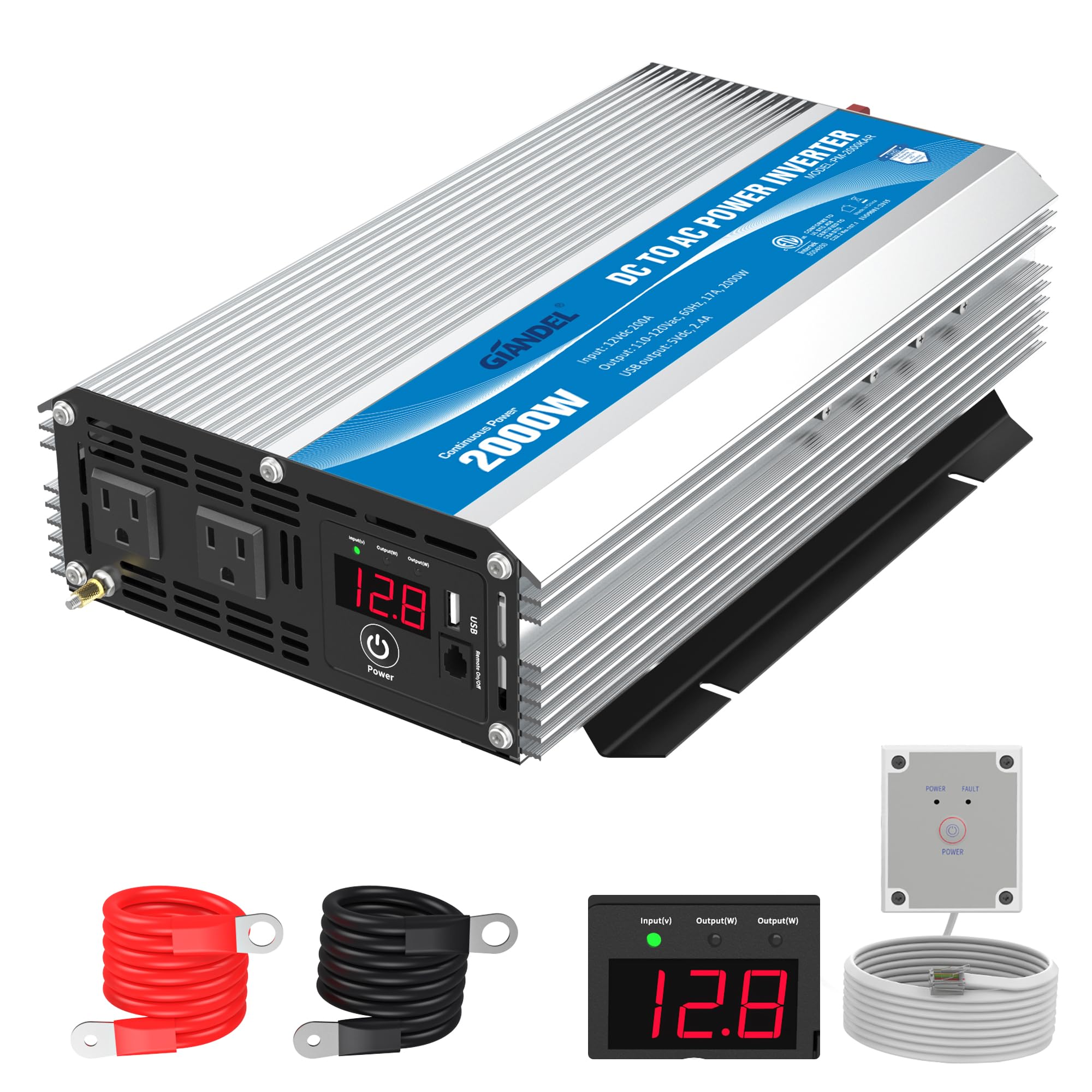 Giandel 2000Watt Power Inverter 12V Dc To 110V 120V Ac Etl Listed Ul458 Std 2000W Inverter Lithium Battery Compatible With Remote Dual Outlets For Rvs Off Grid Solar Setup Truck Boat