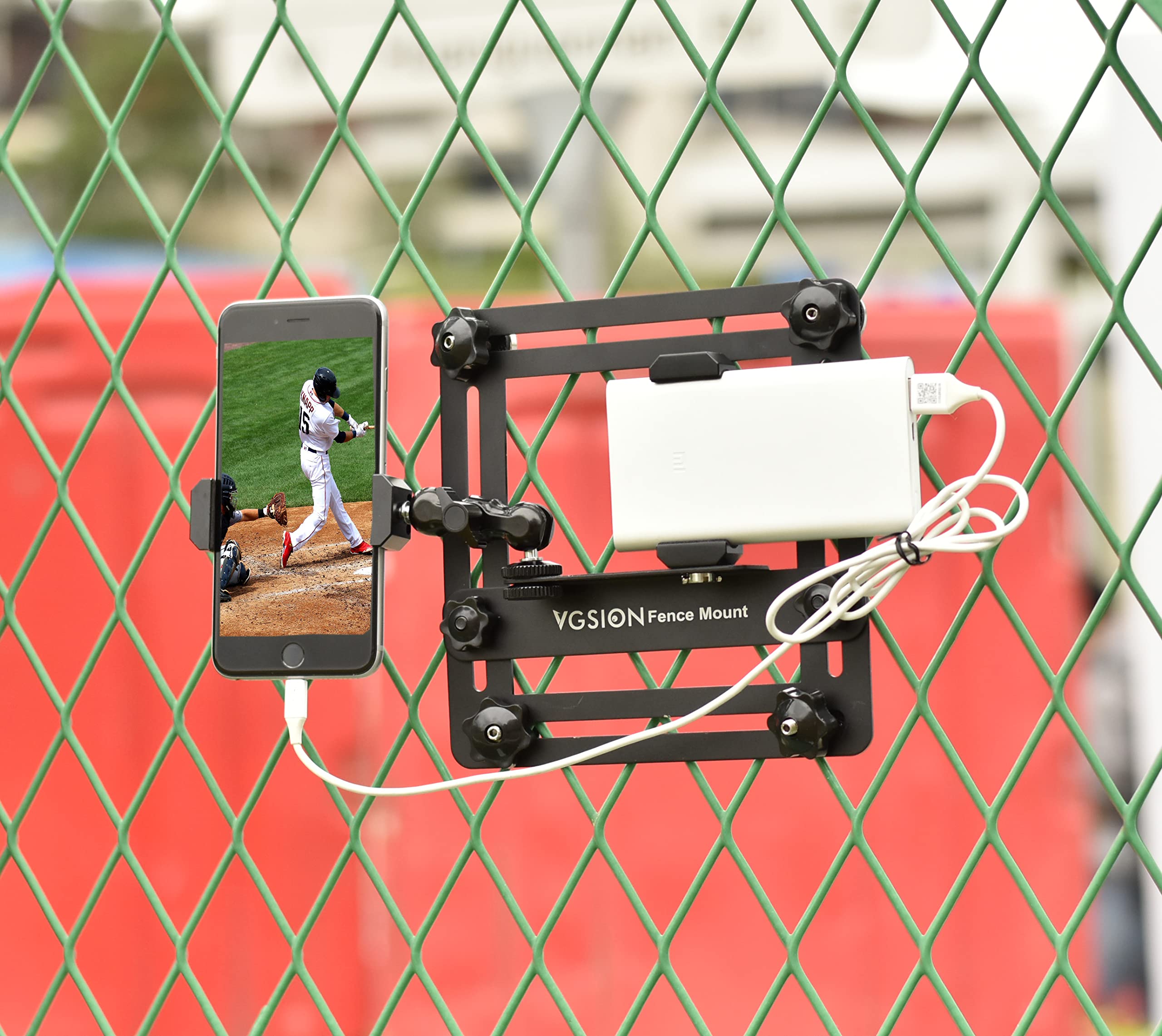 Vgsion Cell Phone Fence Mount For Iphone Baseball Camera Fence Mount For Gopro Hero 12/11/10 Angle Adjustable Support Power Bank