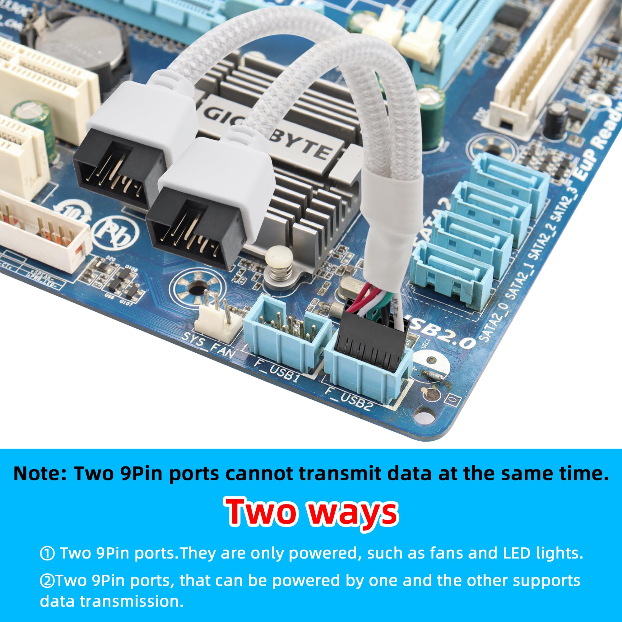 Gelrhonr 2Pcs Usb 2.0 9Pin Female To Dual 9 Pin Male Extension Cable,Motherboard 9 Pin Usb2.0 Header Splitter Nylon Braided For